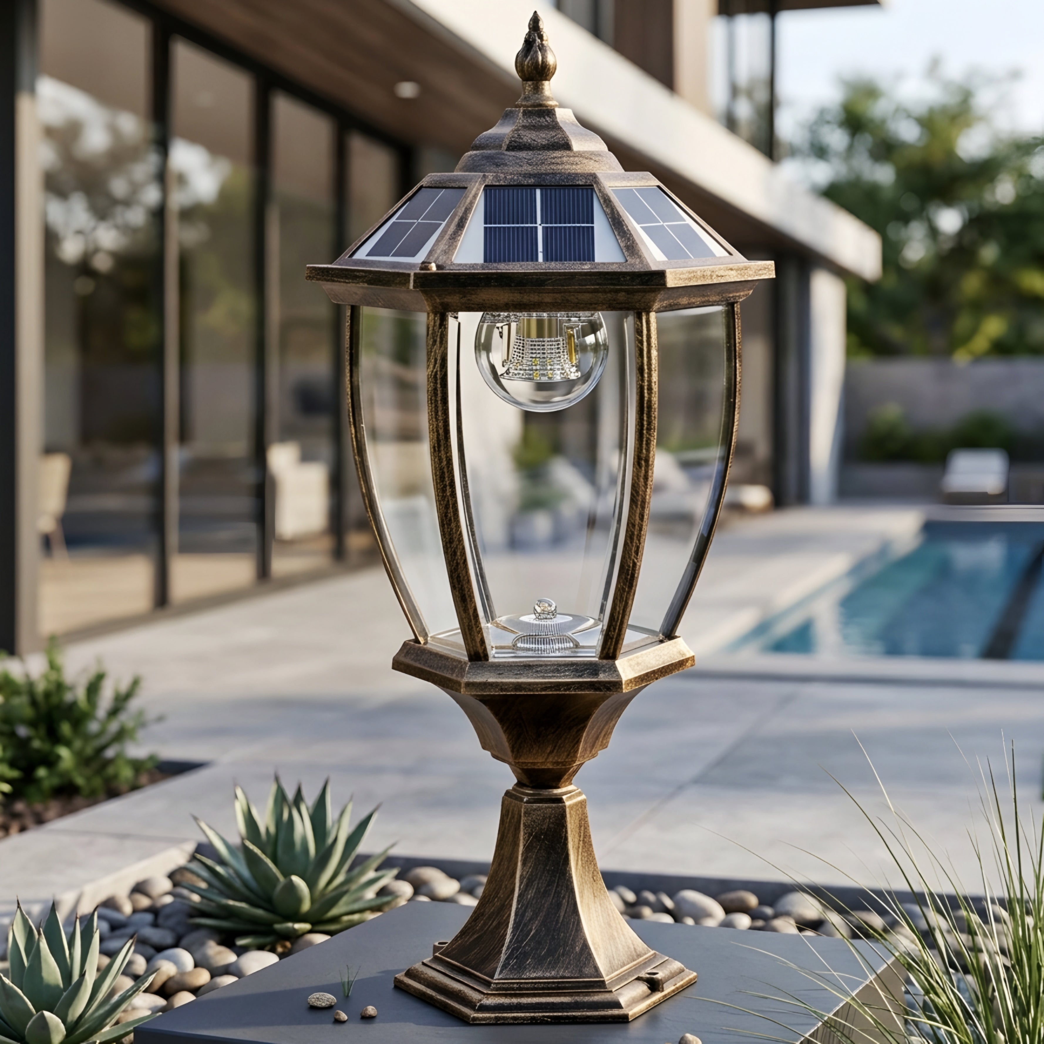 Heritance Solar Post Light – Outdoor Pillar Lantern Bronze Decorative Solar Powered Driveway Garden