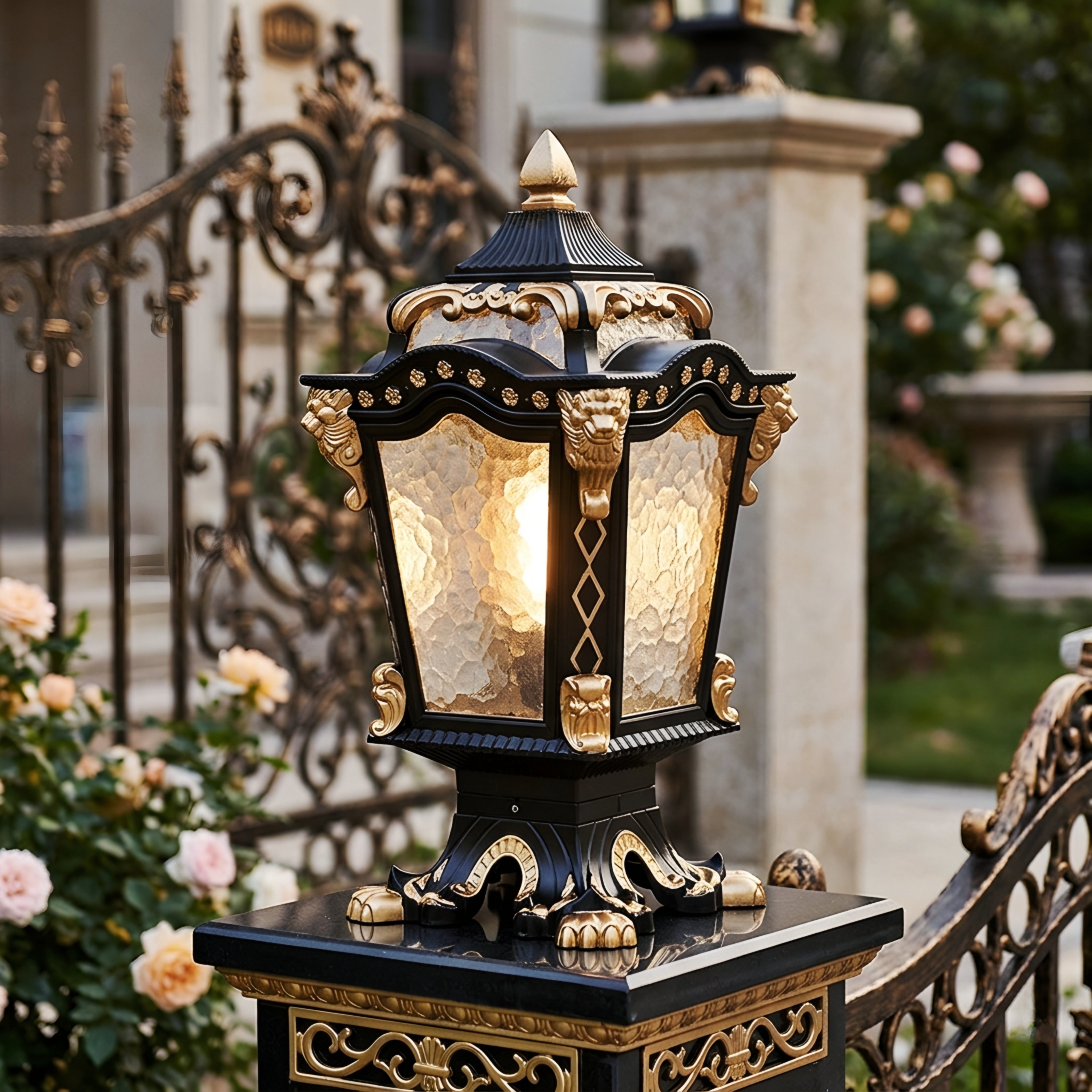 Valcourt Pillar Lantern – Outdoor Decorative Table Lamp Black Gold Victorian Style Lighting Fixture
