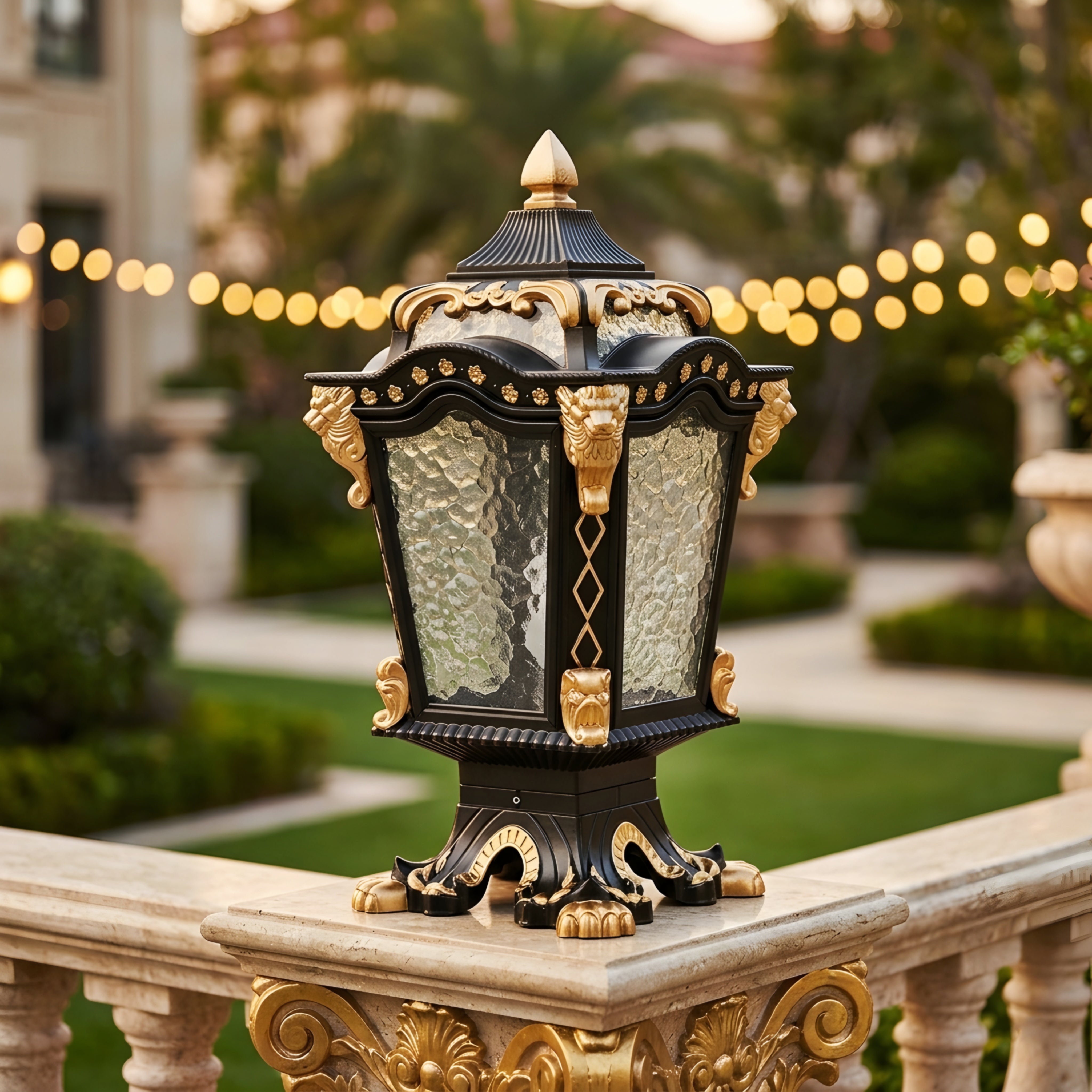Valcourt Pillar Lantern – Outdoor Decorative Table Lamp Black Gold Victorian Style Lighting Fixture