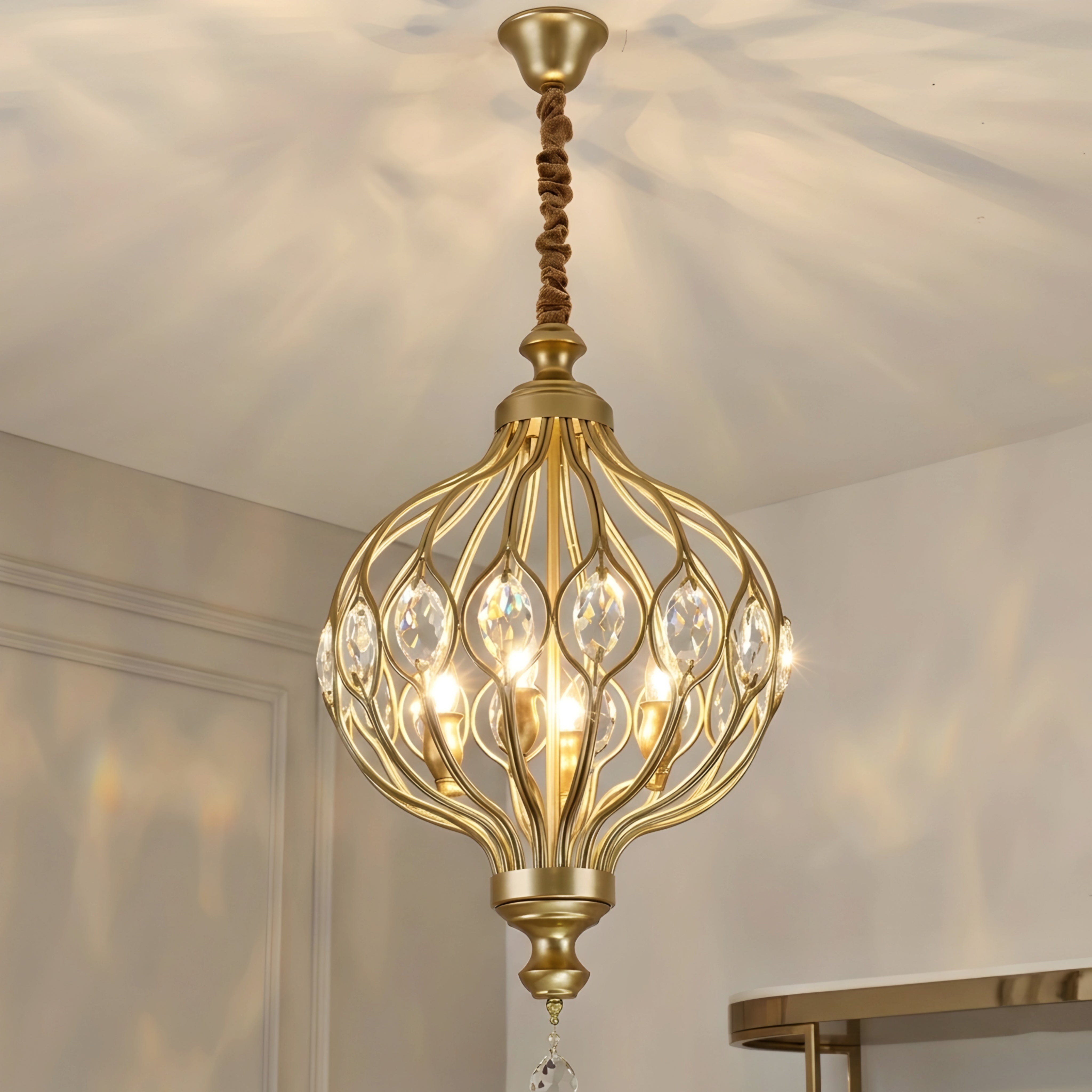 Calantha Crystal Pendant Light – Gold Brass Cage Dining Room Chandelier Decorative Lighting Kitchen Island