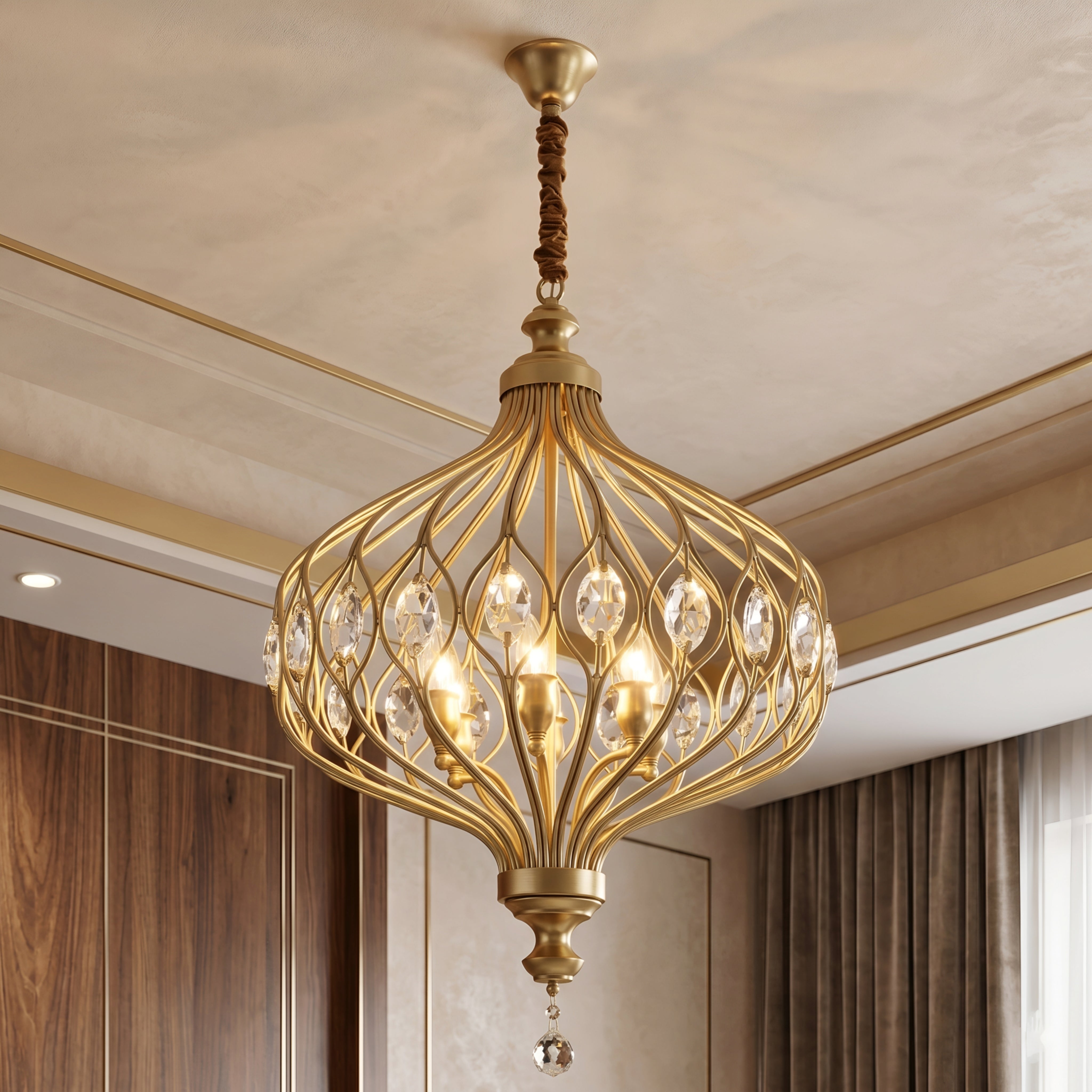 Calantha Crystal Pendant Light – Gold Brass Cage Dining Room Chandelier Decorative Lighting Kitchen Island
