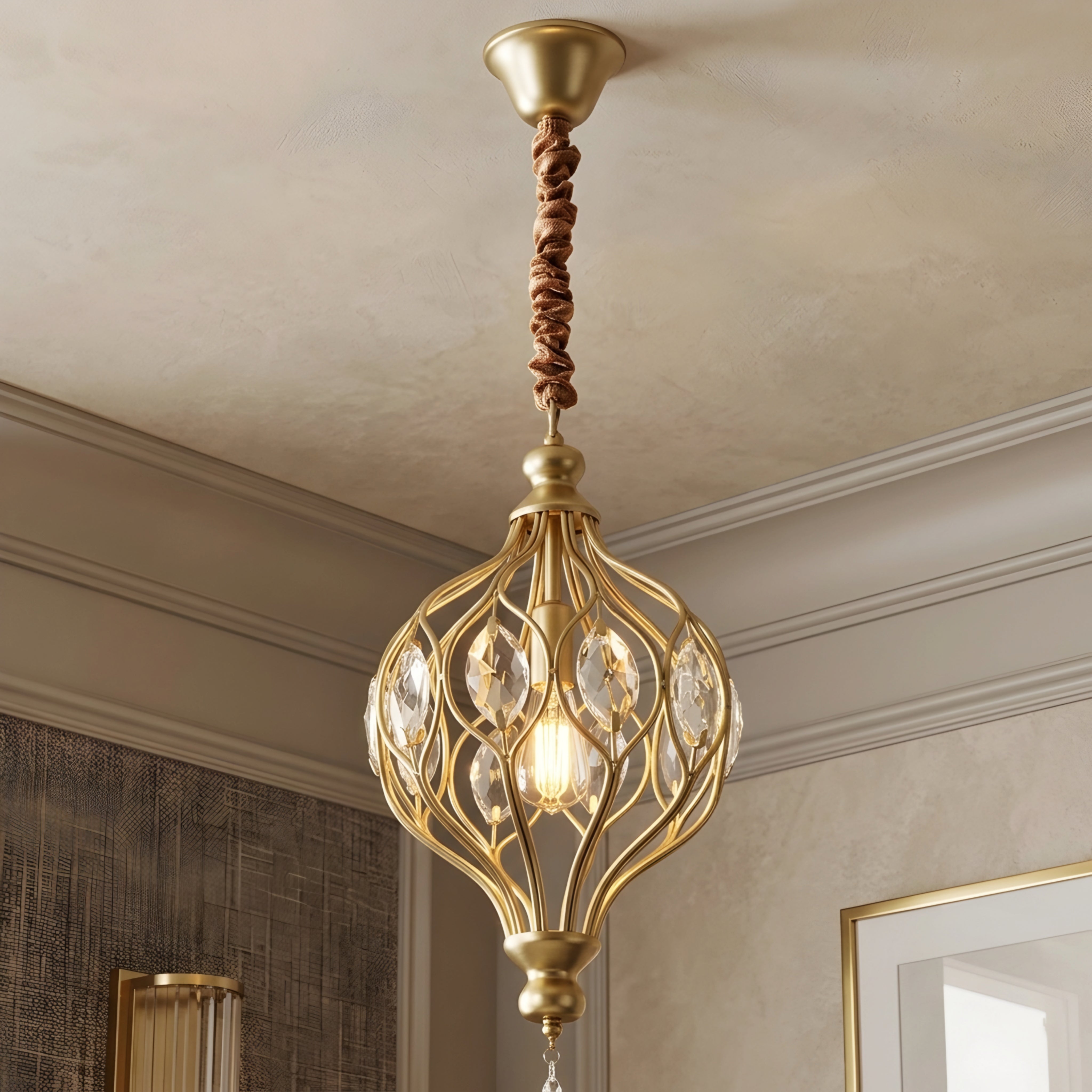 Calantha Crystal Pendant Light – Gold Brass Cage Dining Room Chandelier Decorative Lighting Kitchen Island