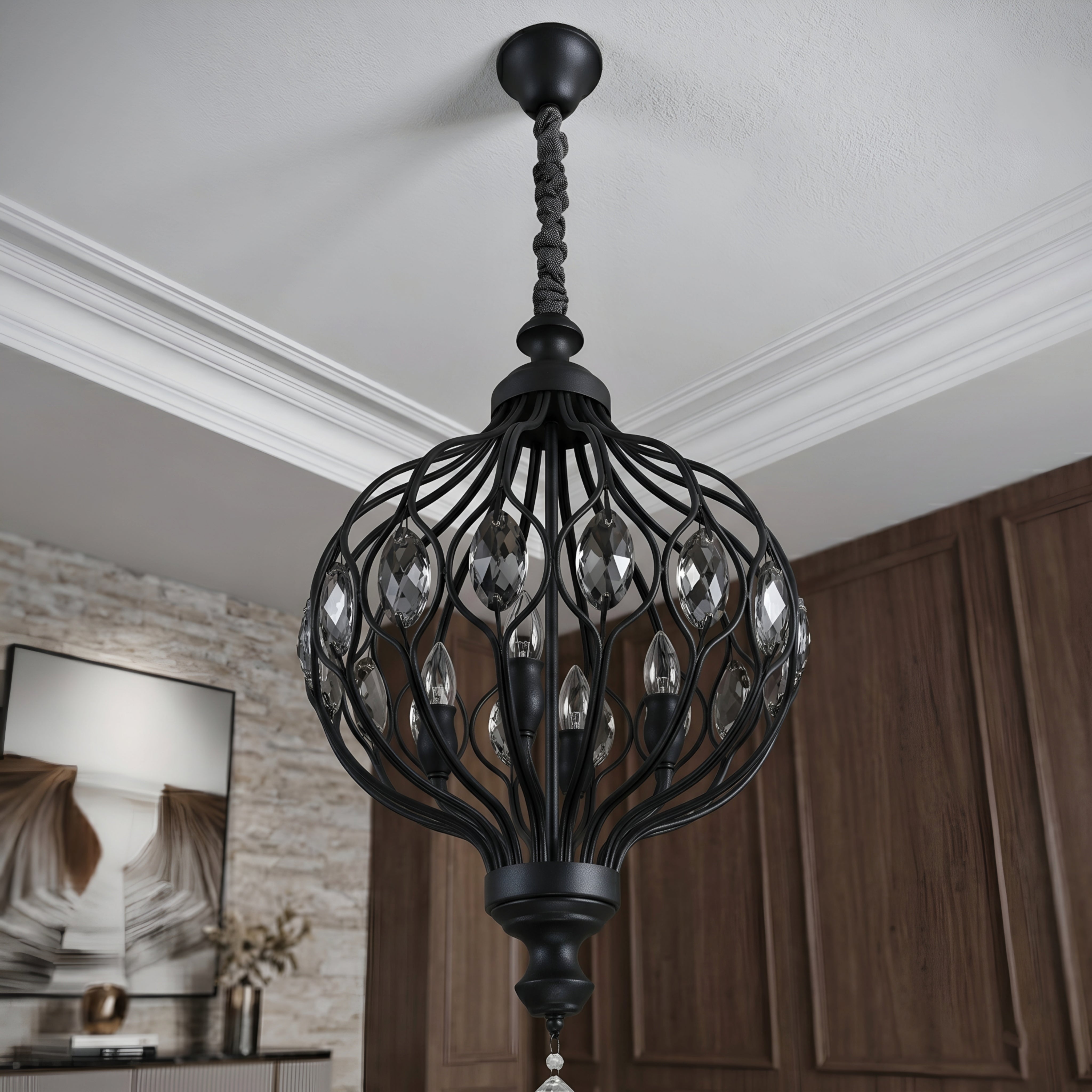 Calantha Crystal Pendant Light – Gold Brass Cage Dining Room Chandelier Decorative Lighting Kitchen Island