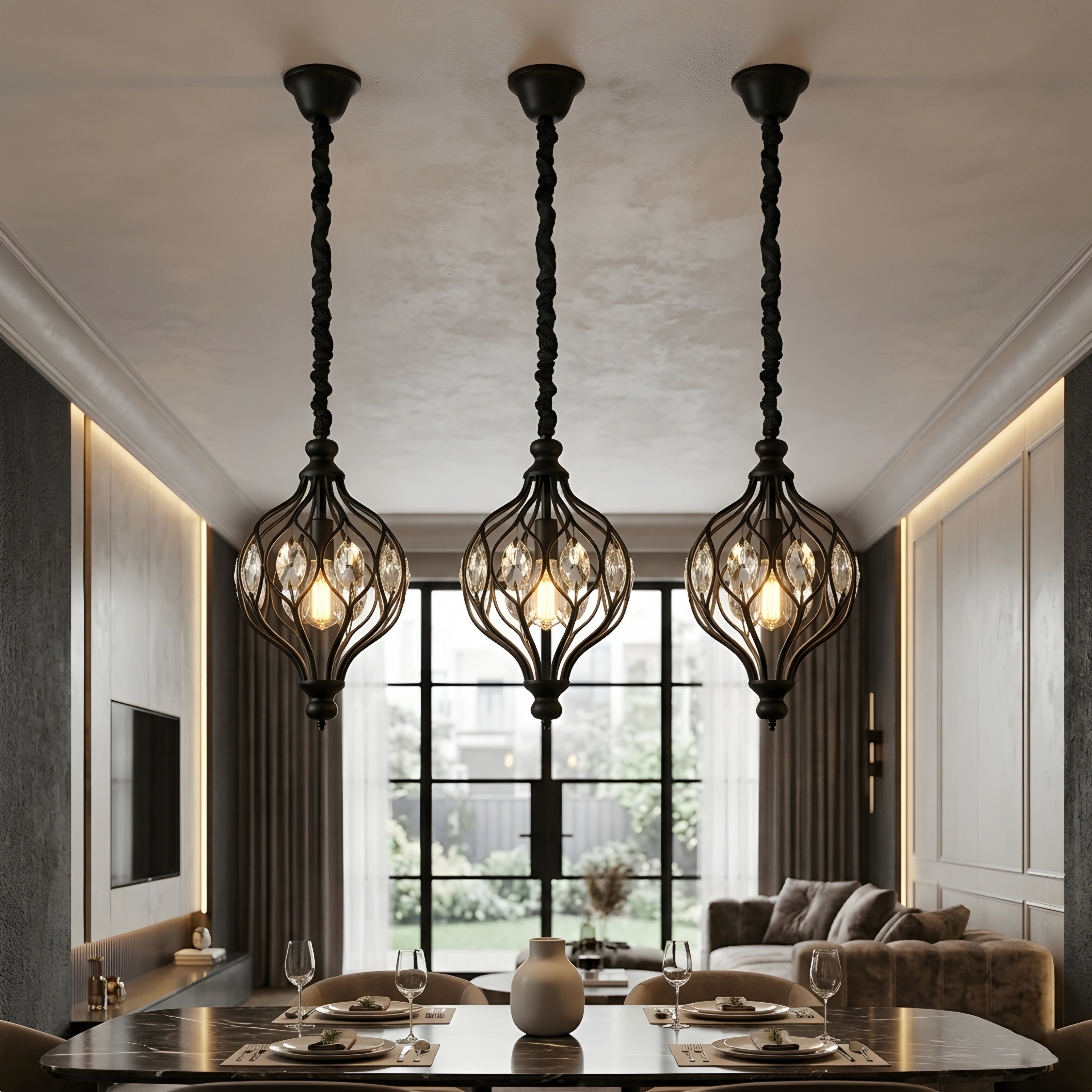 Calantha Crystal Pendant Light – Gold Brass Cage Dining Room Chandelier Decorative Lighting Kitchen Island