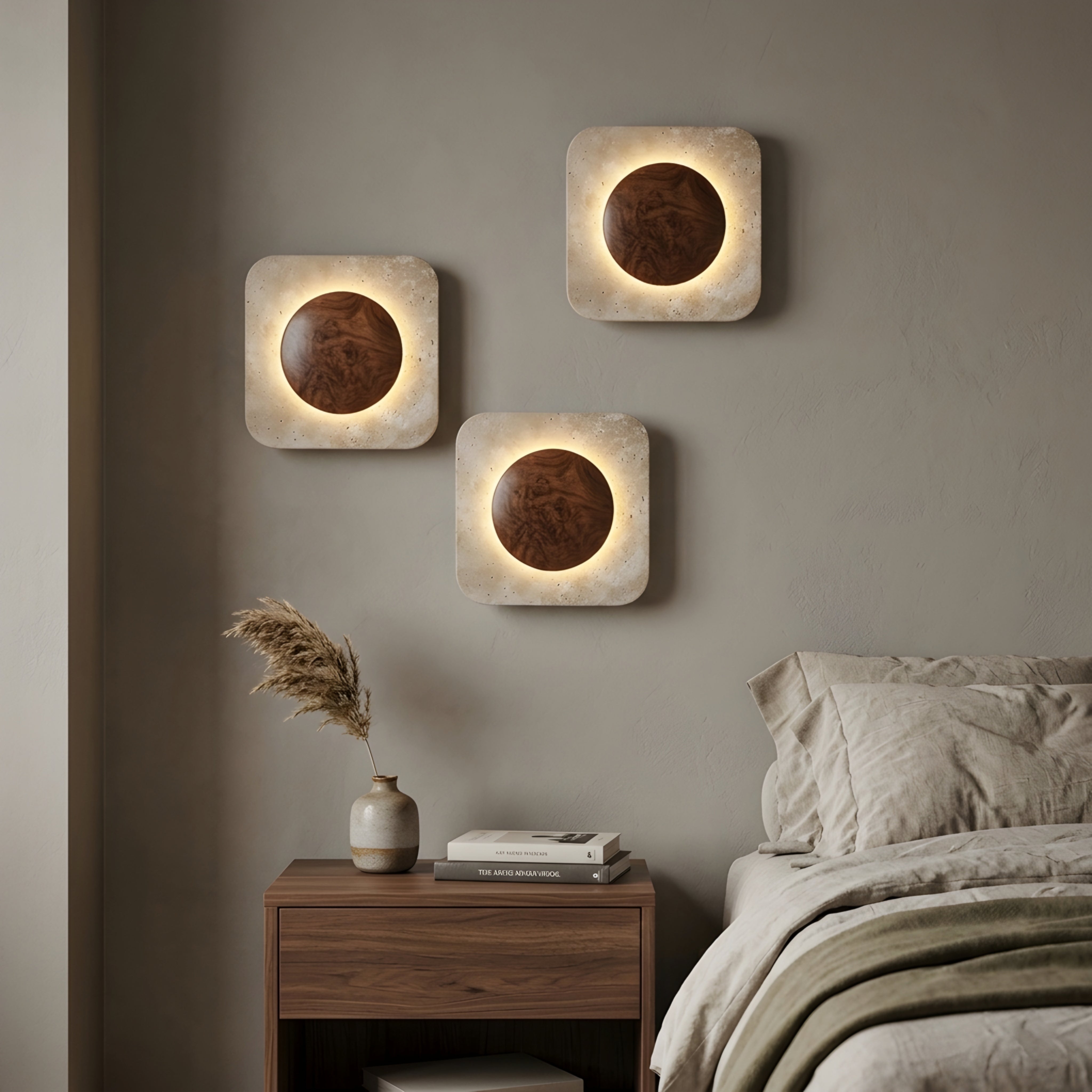 Eclipso Square Wall Sconce – Modern Travertine Stone LED Ambient Lighting Decorative Living Room Bedroom