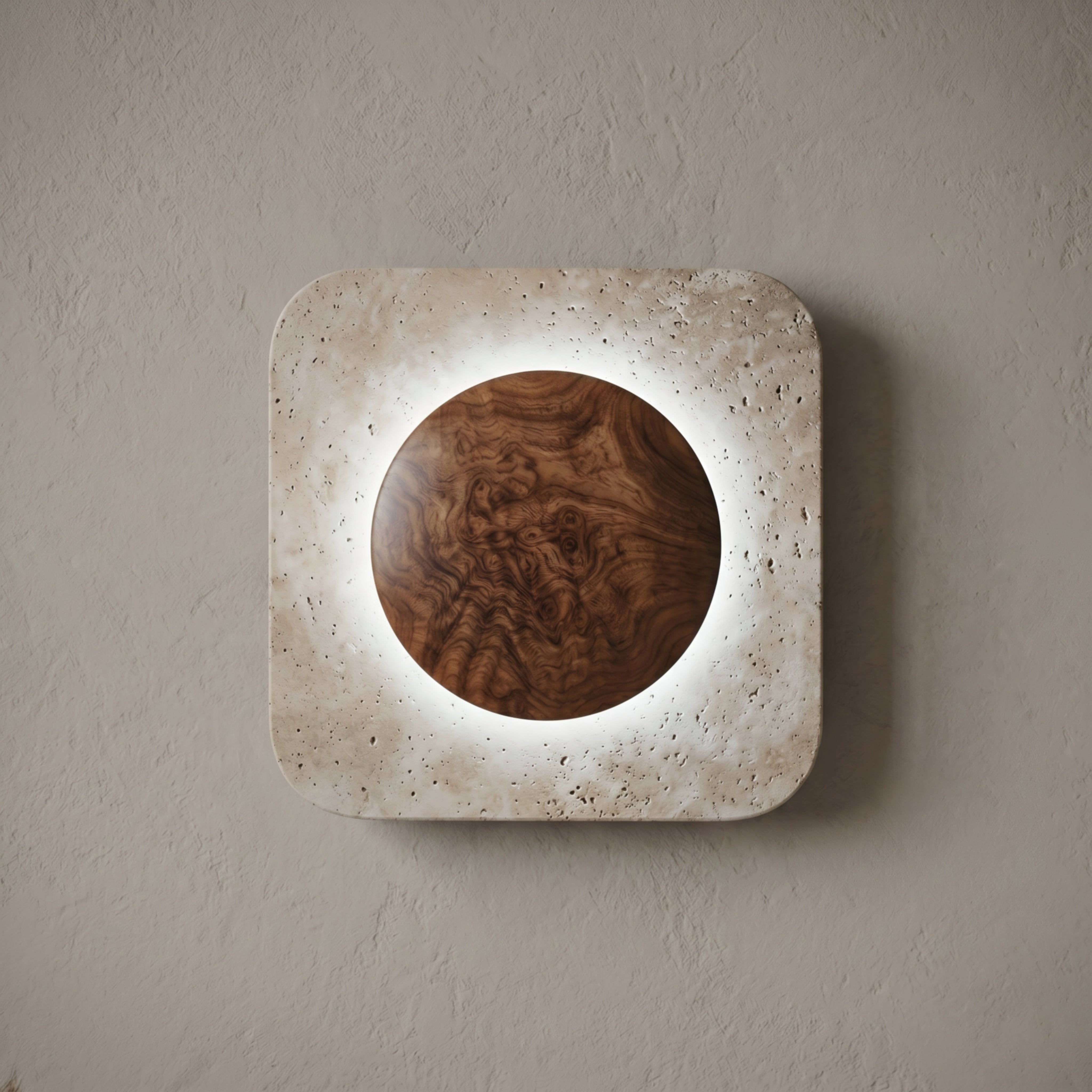 Eclipso Square Wall Sconce – Modern Travertine Stone LED Ambient Lighting Decorative Living Room Bedroom