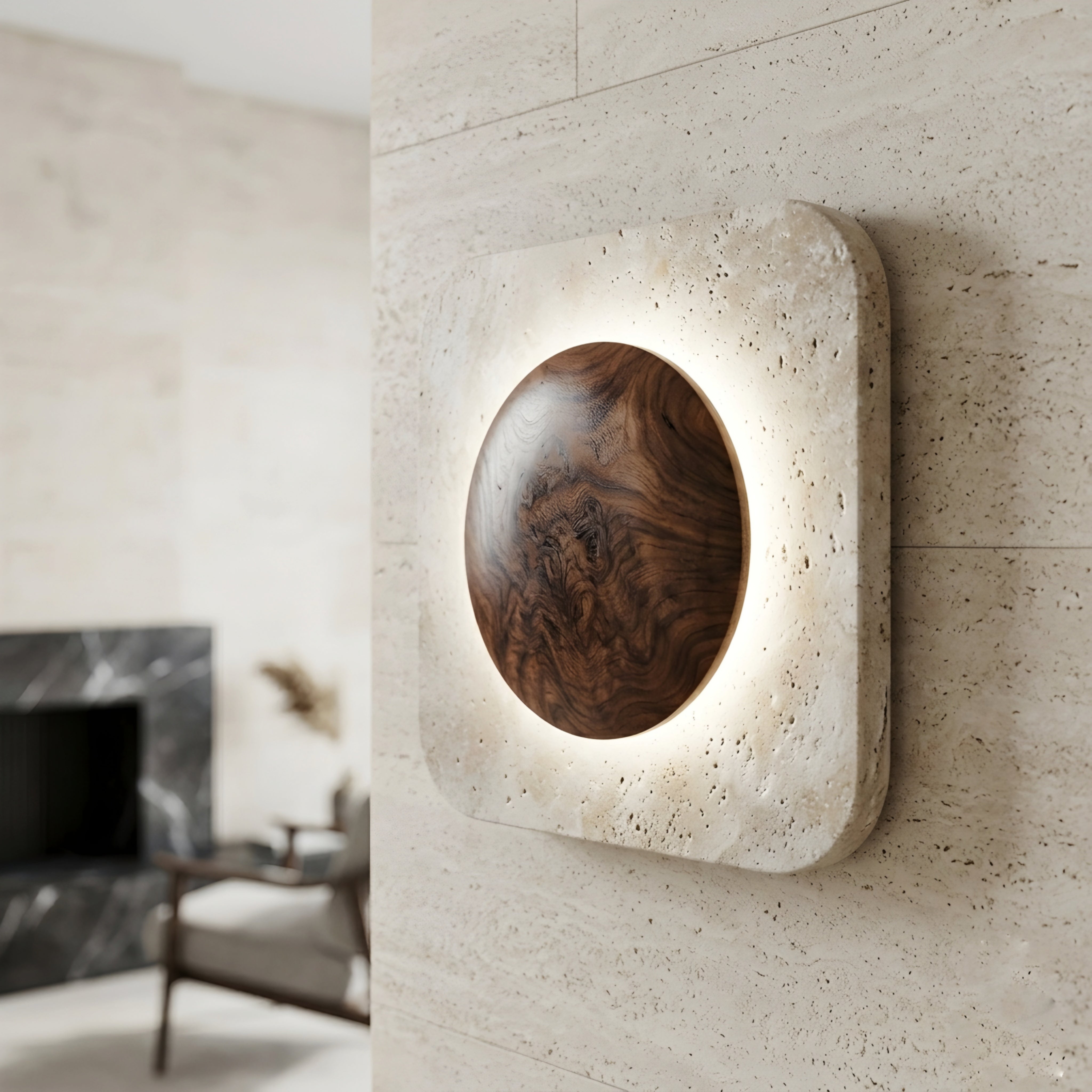 Eclipso Square Wall Sconce – Modern Travertine Stone LED Ambient Lighting Decorative Living Room Bedroom