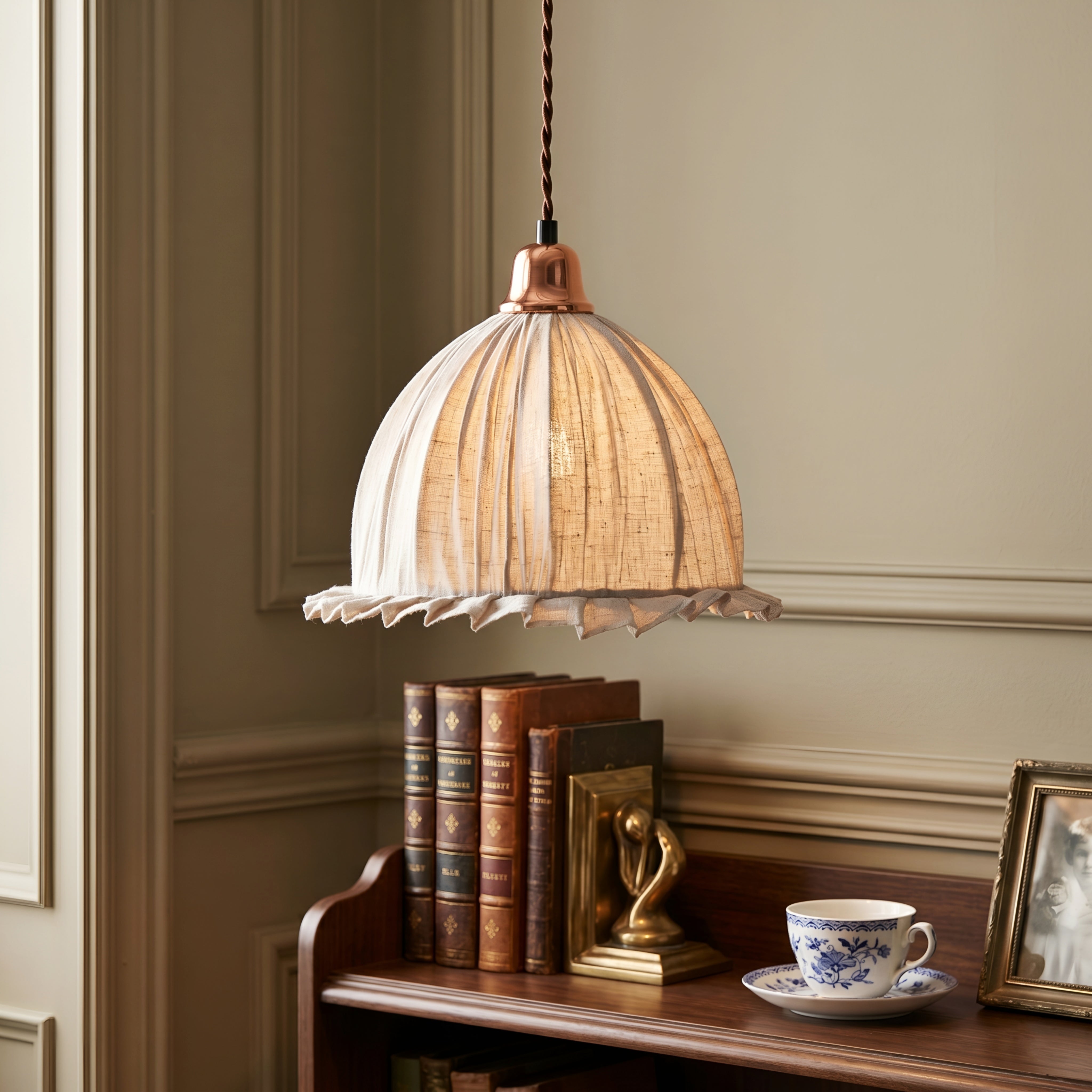 Zorei Ruffled Bell Pendant Light – Fabric Dome Hanging Ceiling Lamp Farmhouse Dining Room Kitchen