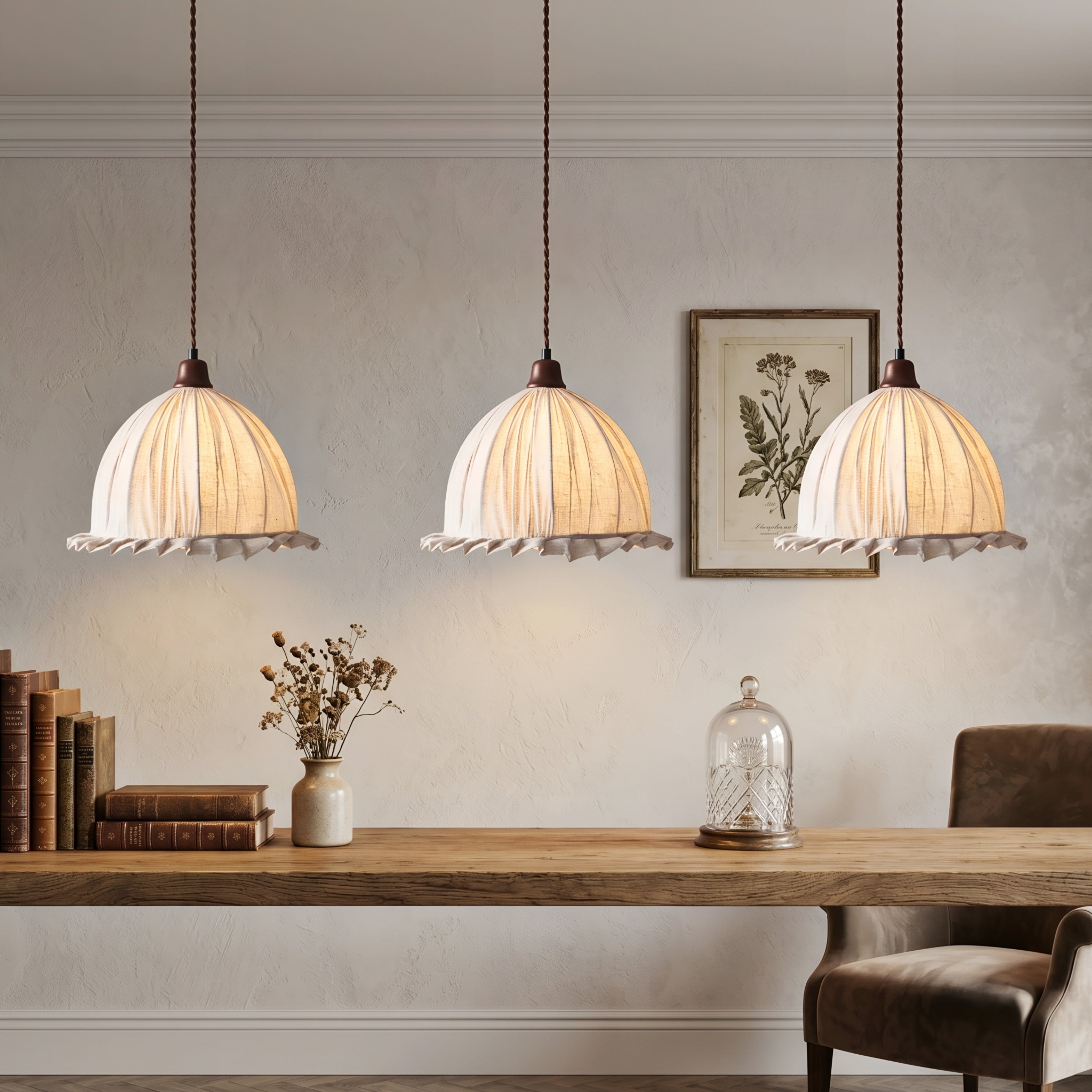 Zorei Ruffled Bell Pendant Light – Fabric Dome Hanging Ceiling Lamp Farmhouse Dining Room Kitchen