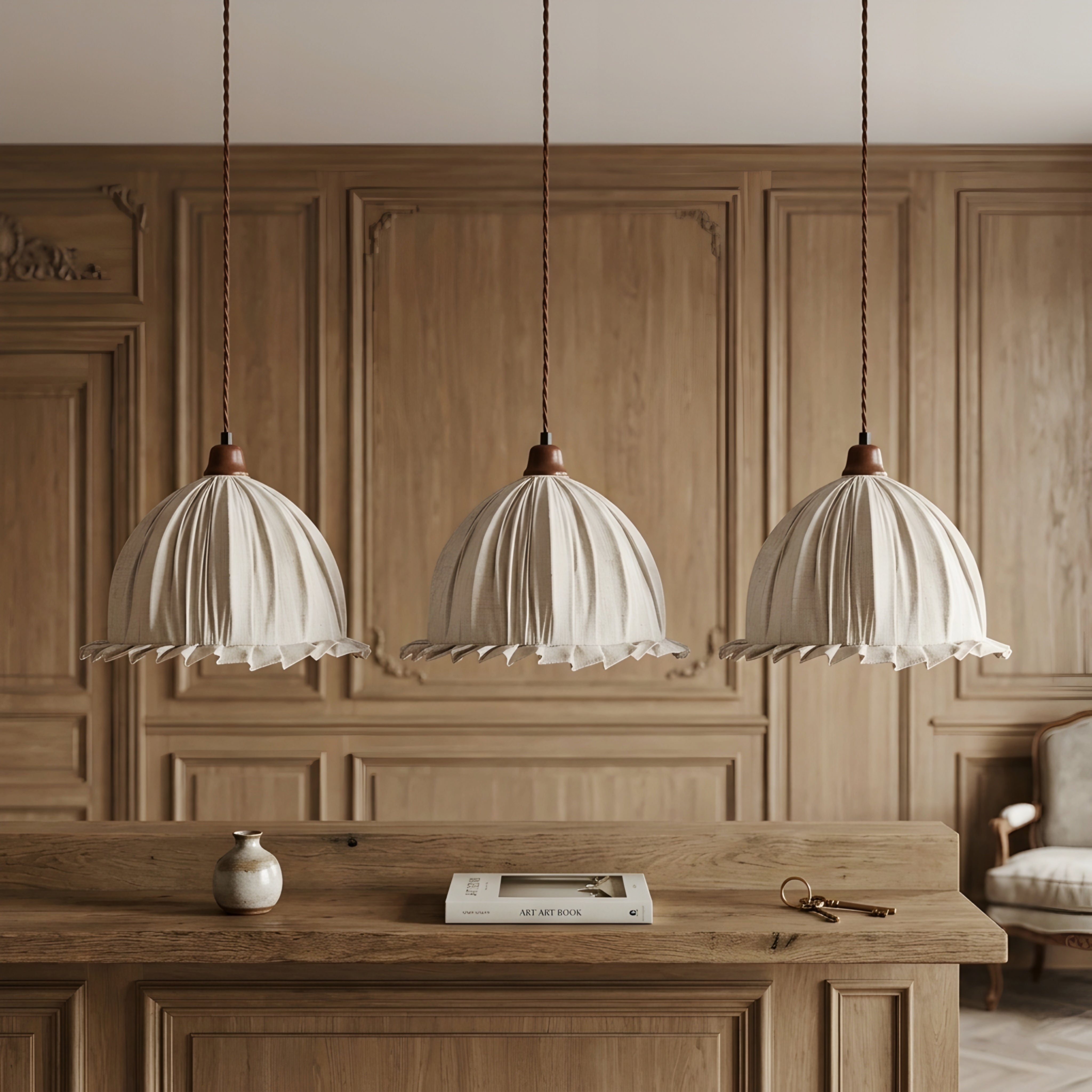 Zorei Ruffled Bell Pendant Light – Fabric Dome Hanging Ceiling Lamp Farmhouse Dining Room Kitchen