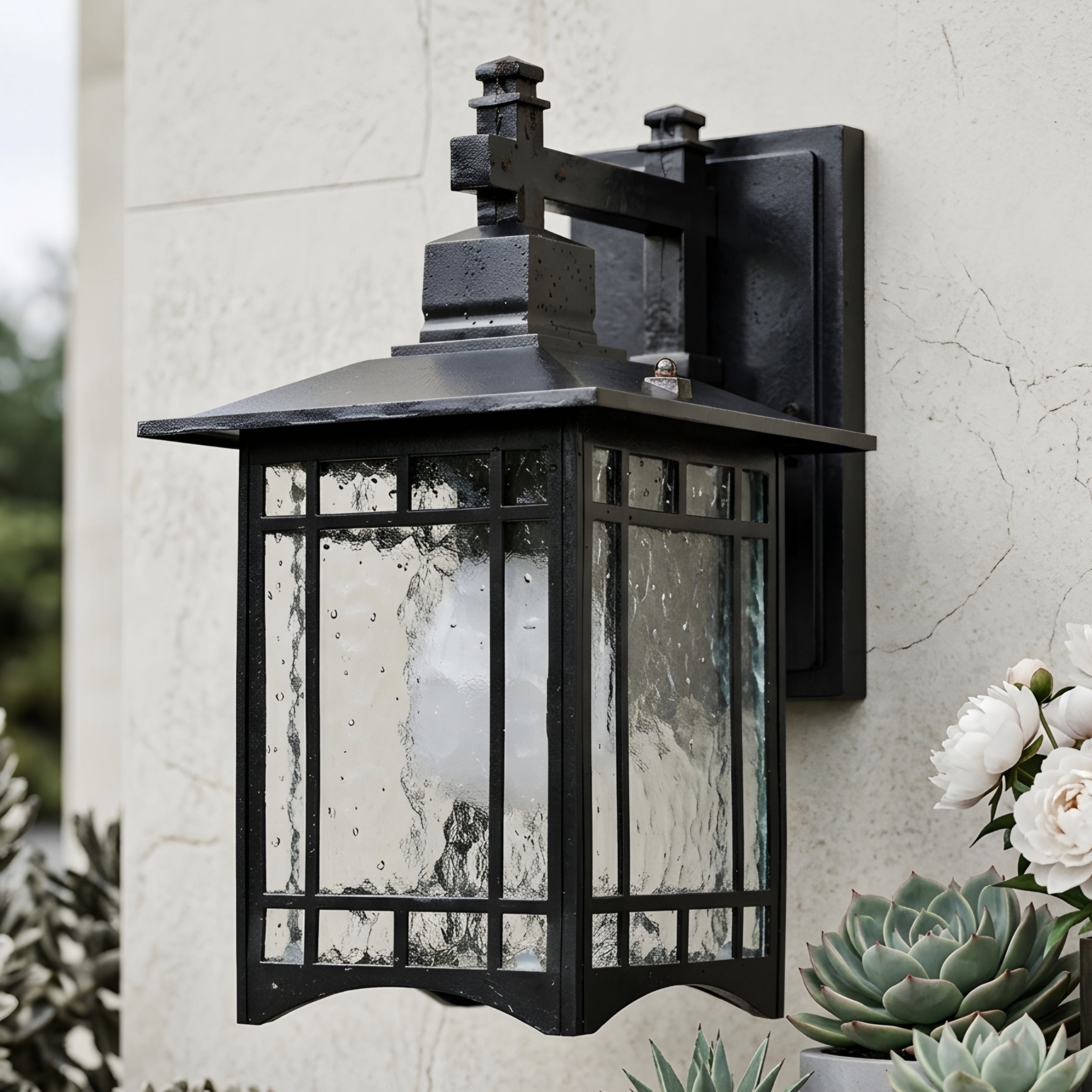 Kyoto Pagoda Outdoor Wall Lantern – Decorative Lighting Fixture Patio Entryway Black Metal Glass Sconce