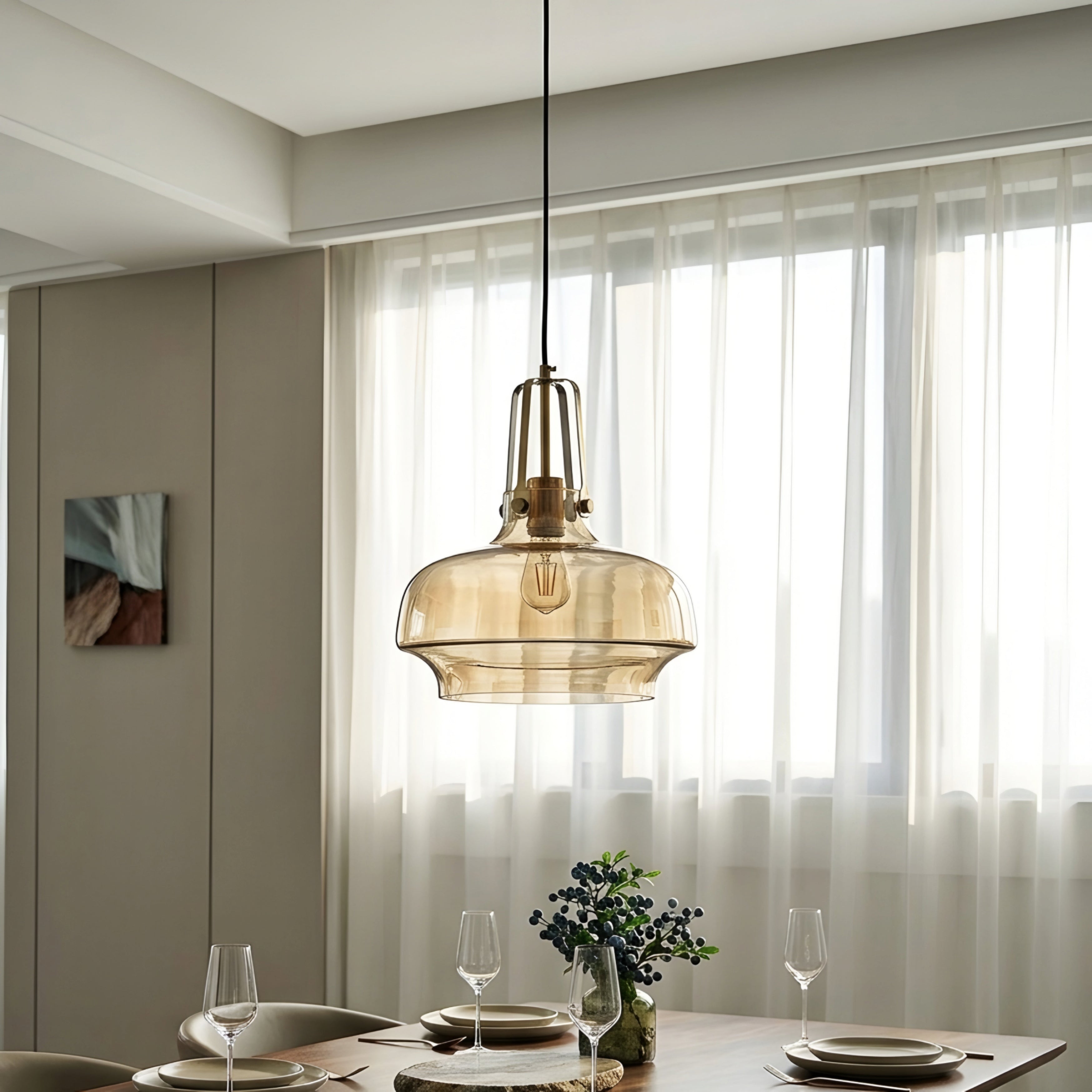 Seri Stepped Bowl Pendant Light – Glass Dome Ceiling Light Brass Cage Kitchen Island Dining Room