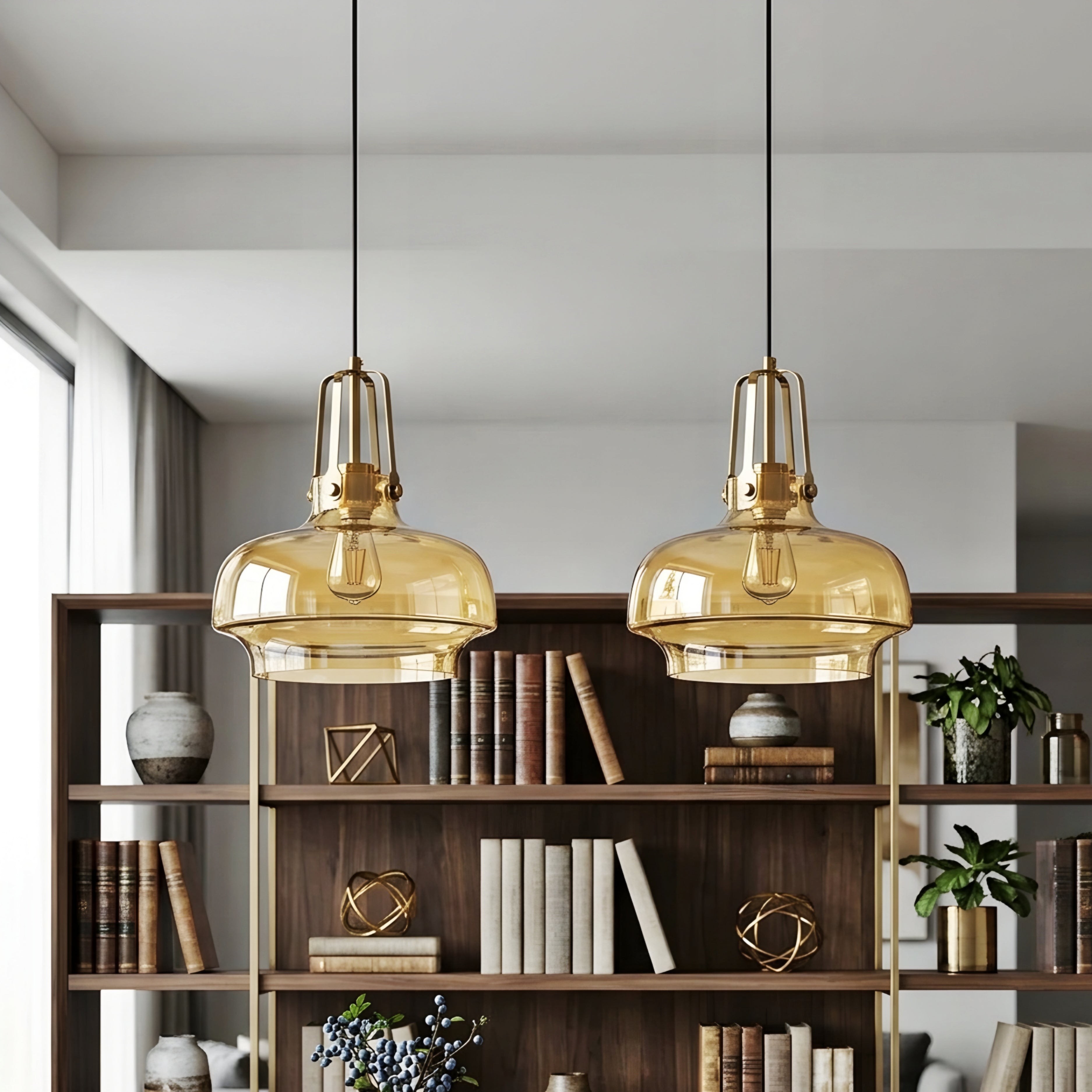 Seri Stepped Bowl Pendant Light – Glass Dome Ceiling Light Brass Cage Kitchen Island Dining Room