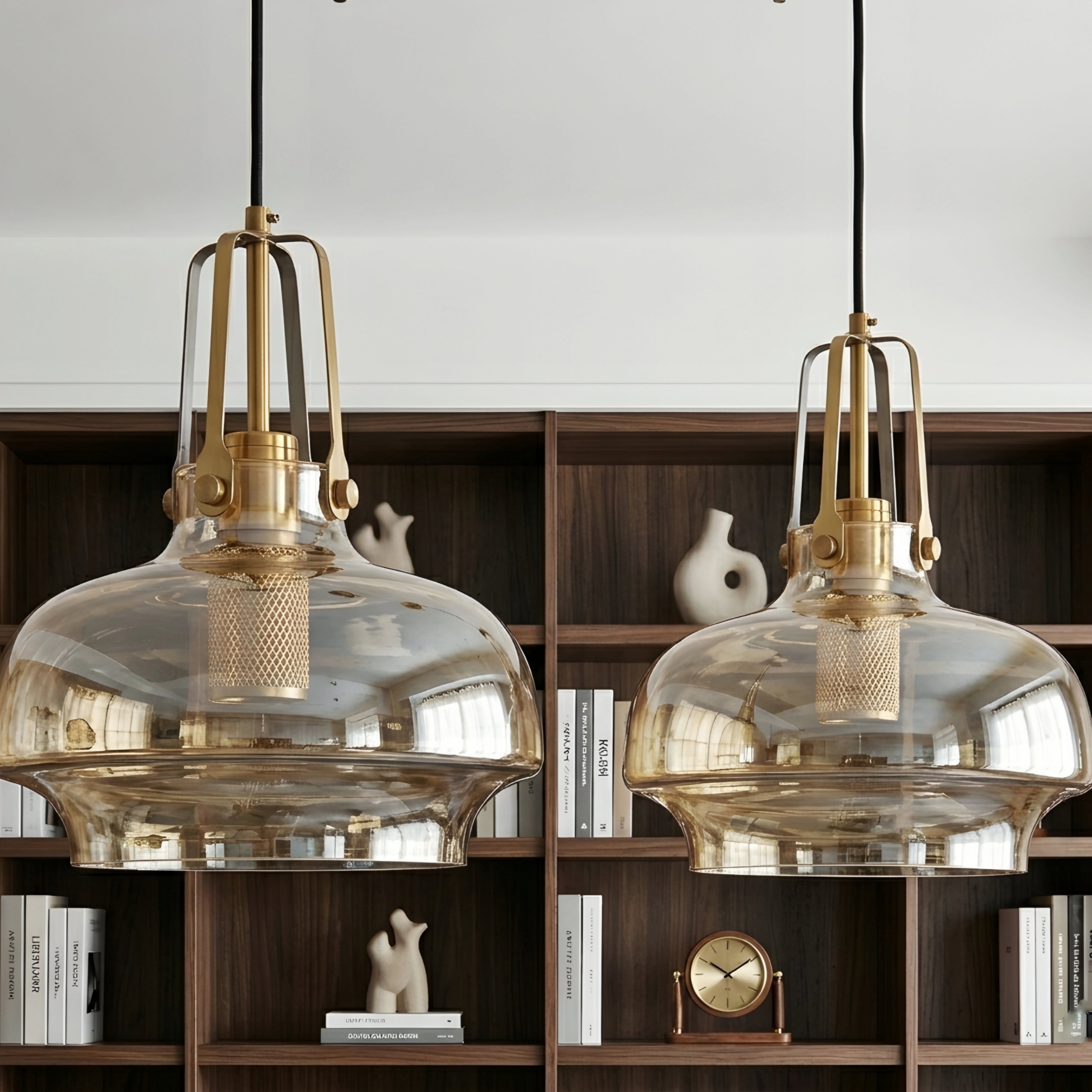 Seri Stepped Bowl Pendant Light – Glass Dome Ceiling Light Brass Cage Kitchen Island Dining Room