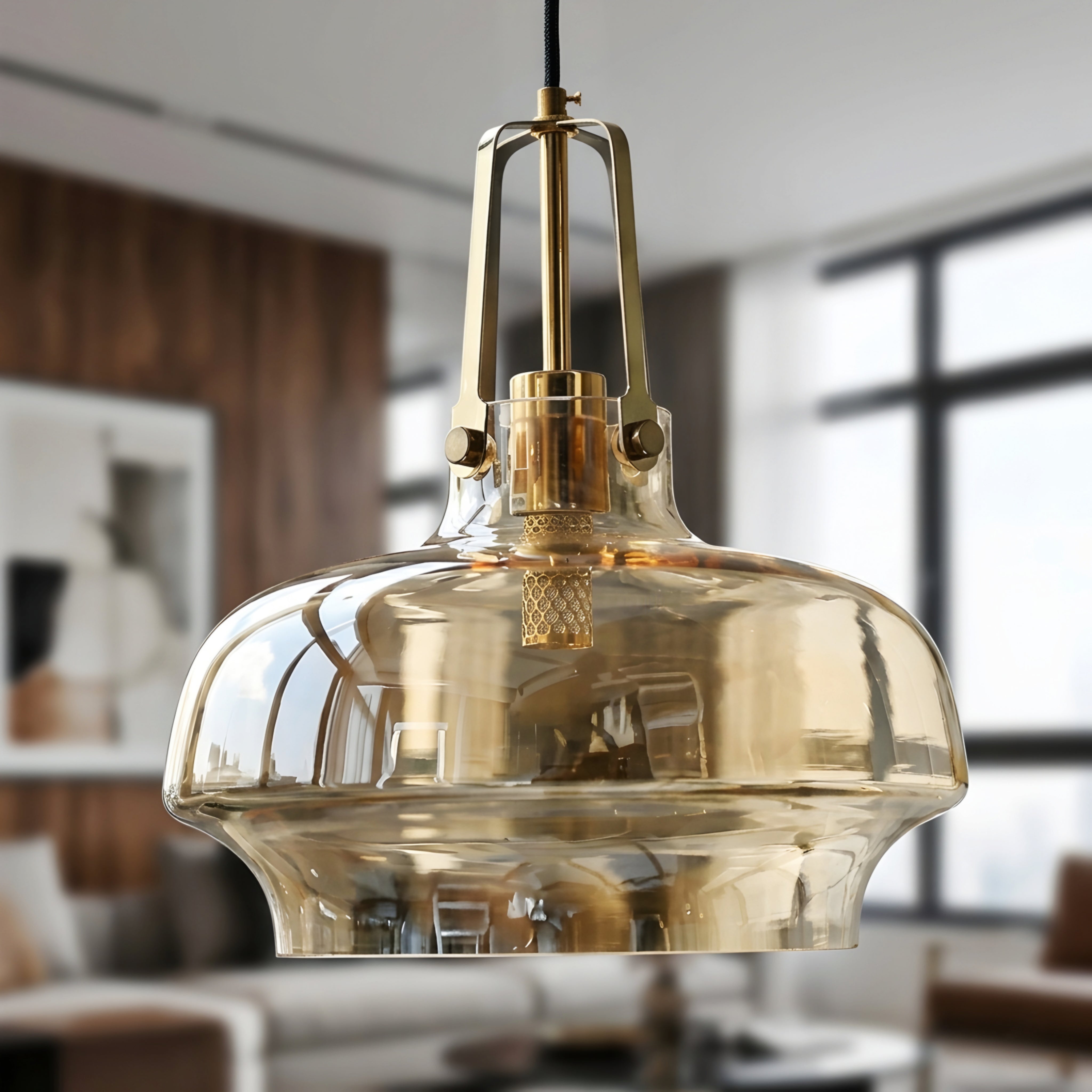 Seri Stepped Bowl Pendant Light – Glass Dome Ceiling Light Brass Cage Kitchen Island Dining Room