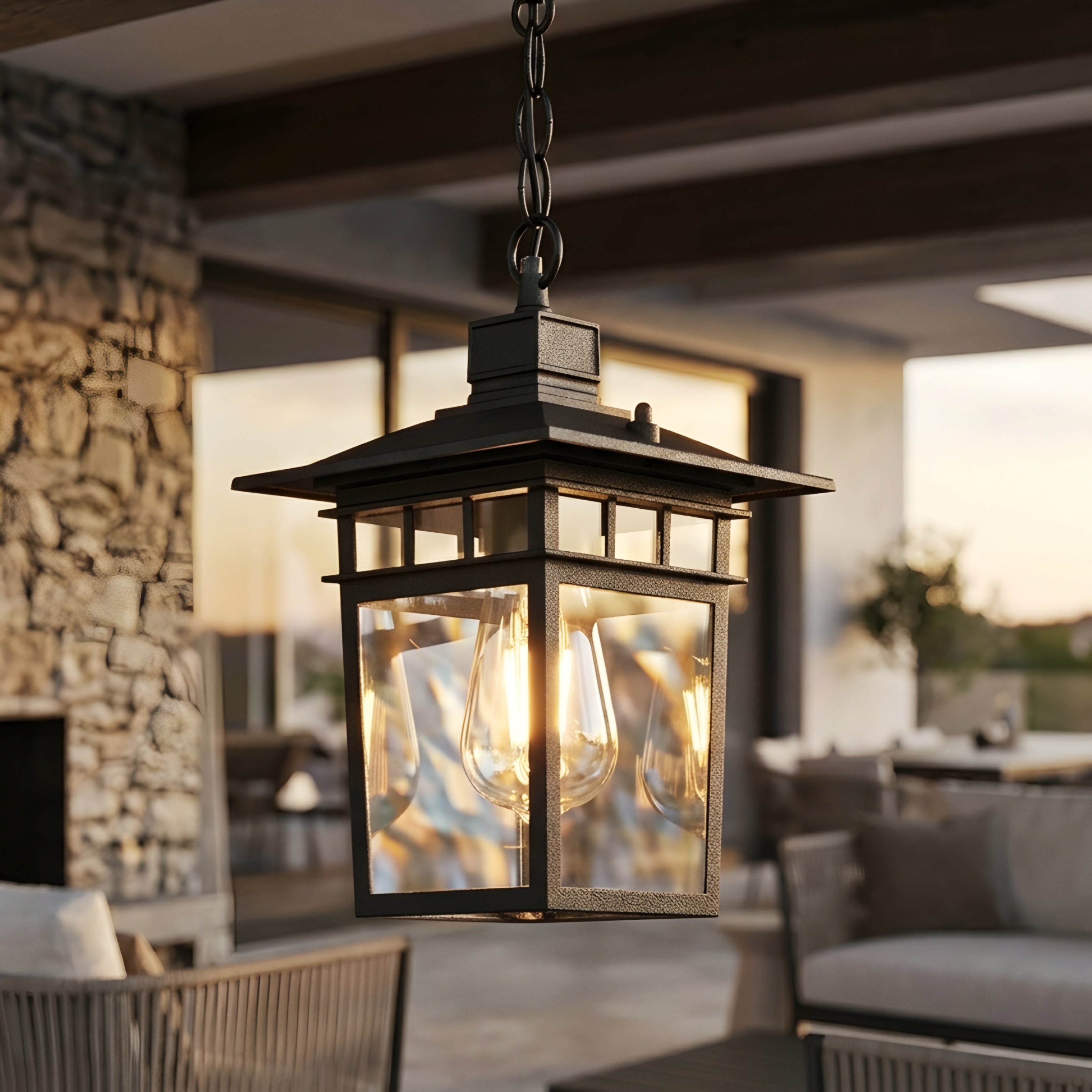 Kiyori Lantern Pendant Light – Outdoor Hanging Black Metal Decorative Lighting Fixture Patio Porch