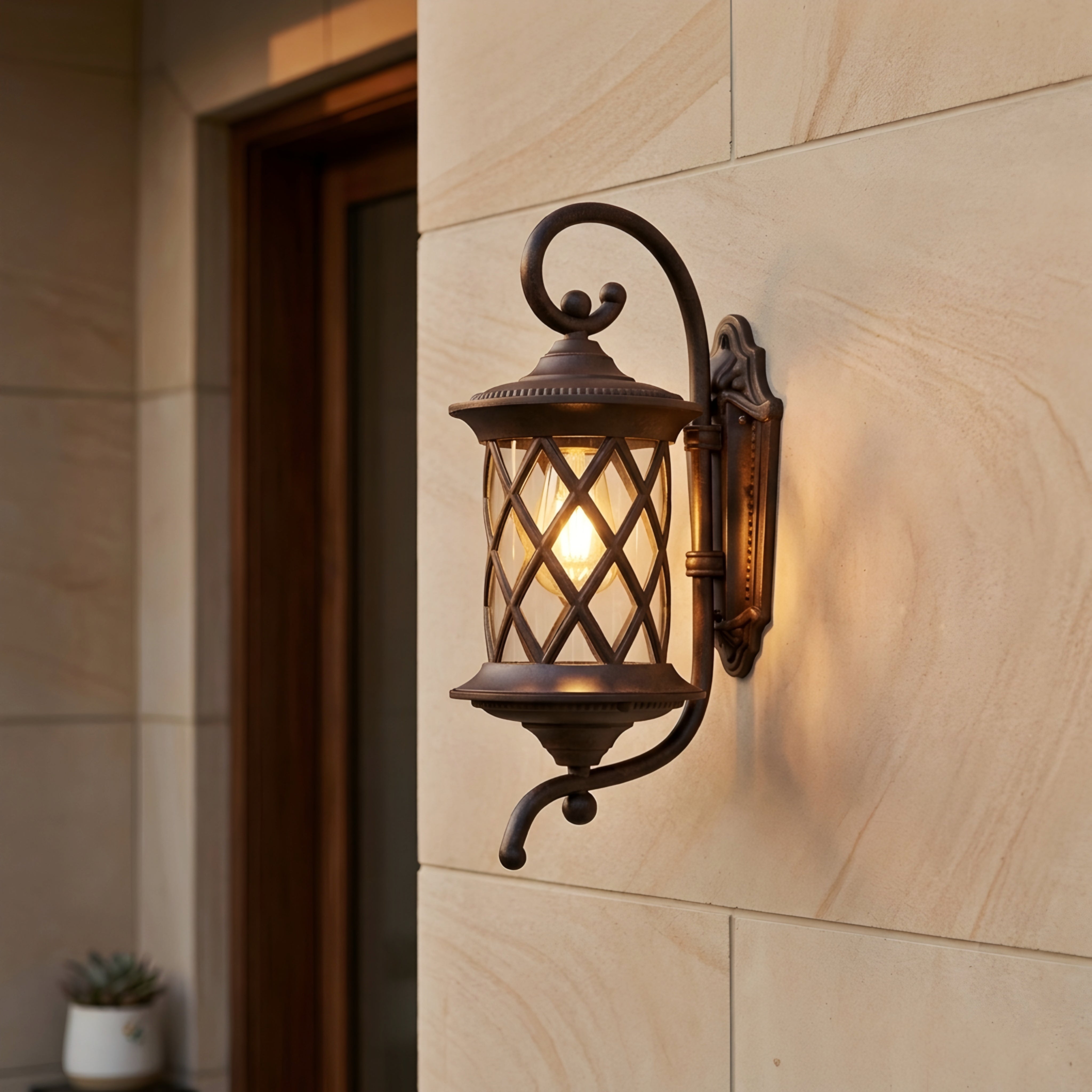 Trellis Scroll Wall Lantern – Outdoor Wall Sconce Decorative Lighting Bronze Lattice Patio Entryway