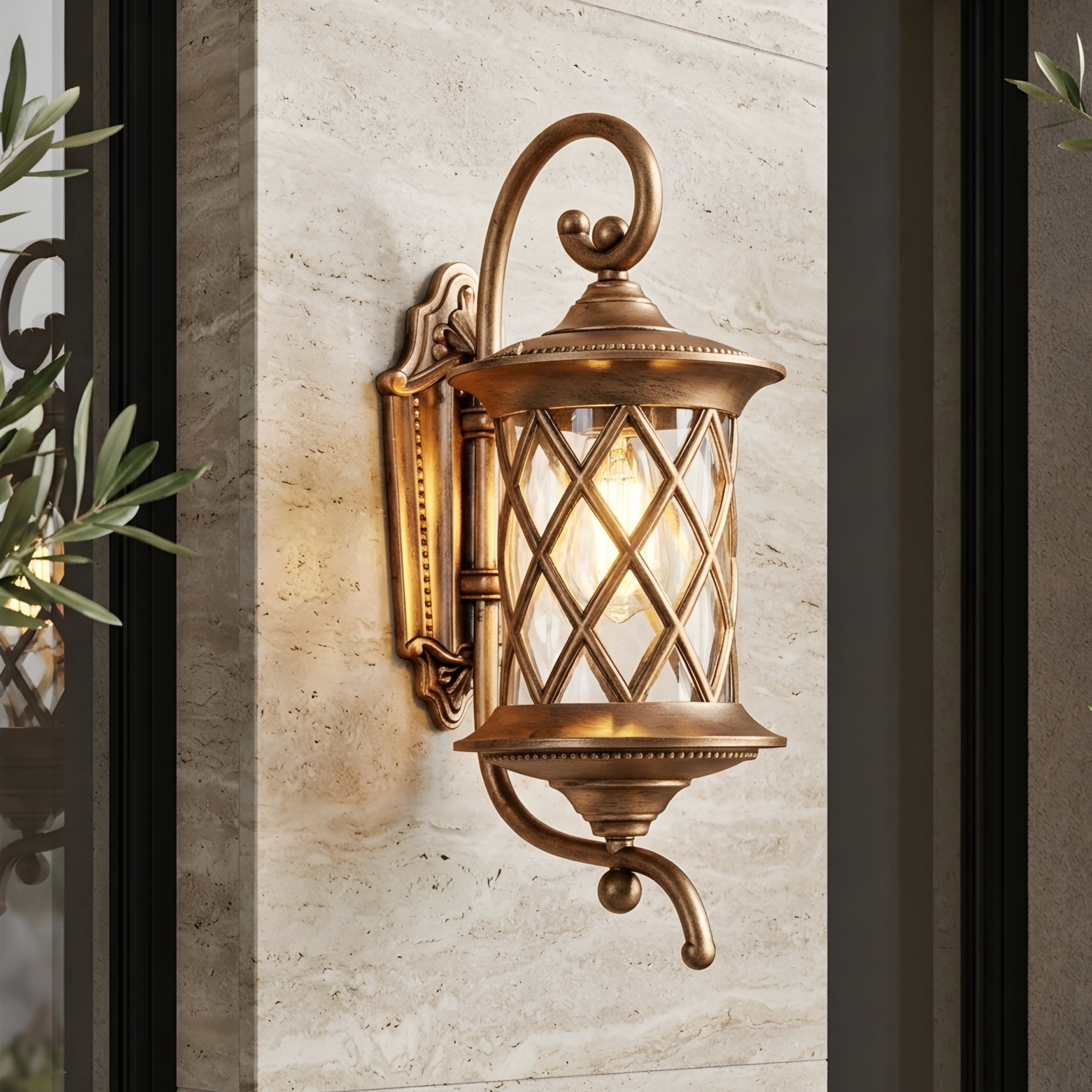 Trellis Scroll Wall Lantern – Outdoor Wall Sconce Decorative Lighting Bronze Lattice Patio Entryway