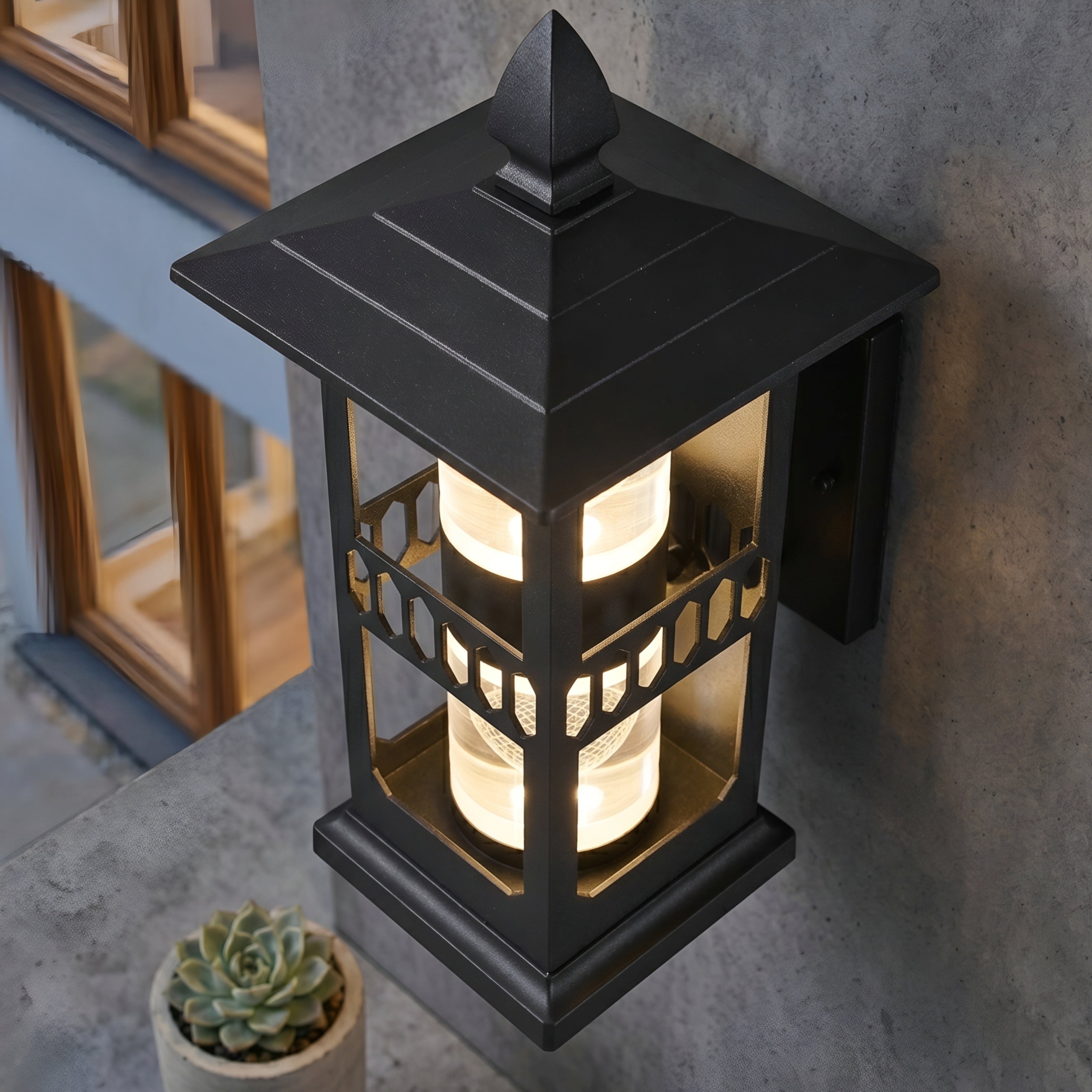 Hexton Pagoda Wall Sconce – Outdoor Wall Mounted Decorative Lantern Black Weatherproof Lighting Fixture