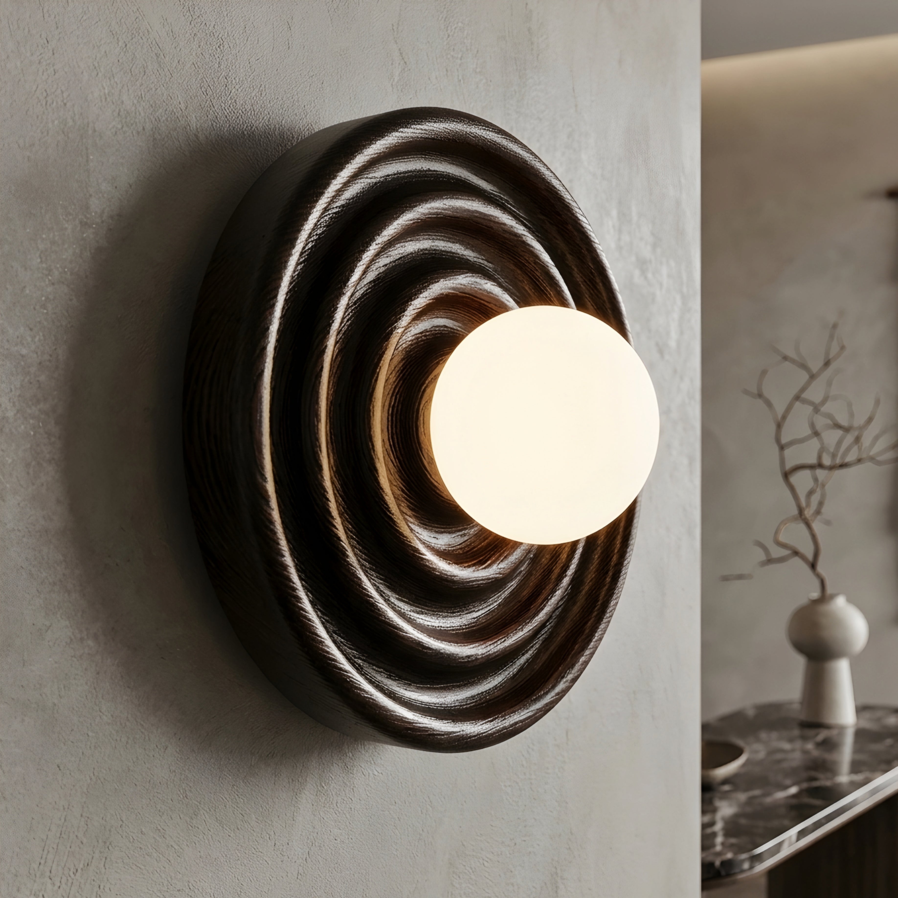 Stratum Ripple Wall Sconce – LED Warm Wood Carved Decorative Lighting Bedroom Living Room