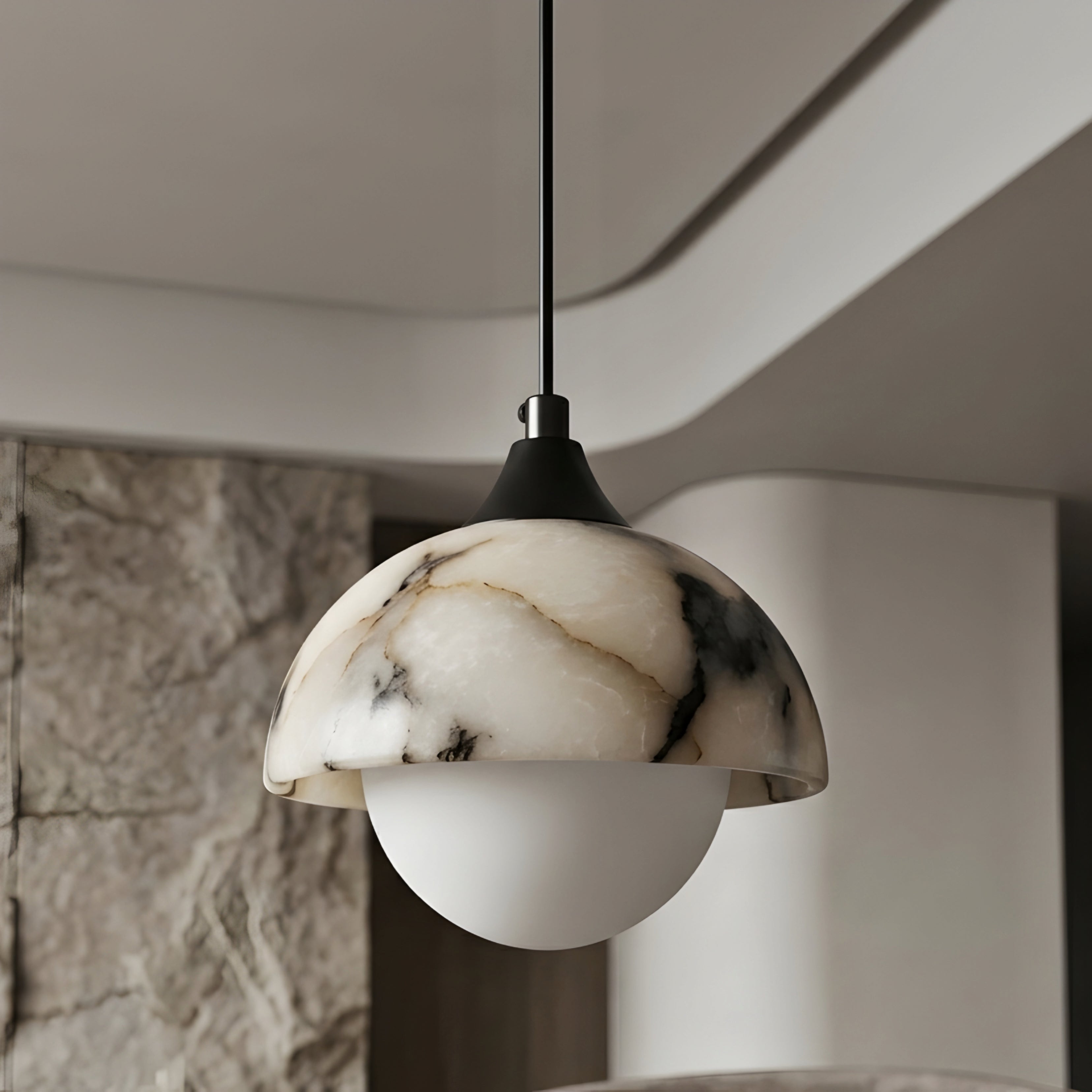 Vespara Dome Pendant Light – Marble Glass Globe Ceiling Kitchen Island Dining Room Decorative Lighting