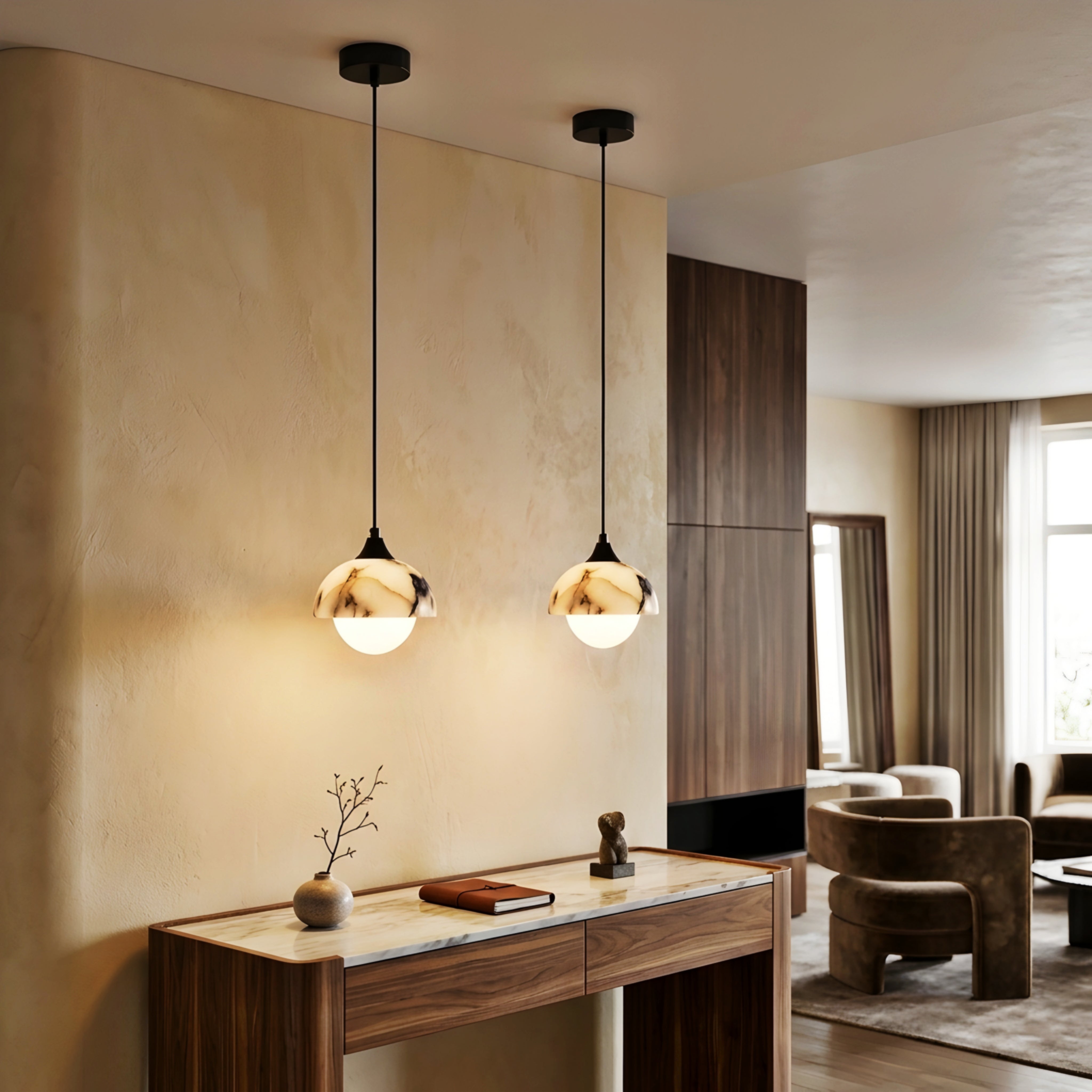 Vespara Dome Pendant Light – Marble Glass Globe Ceiling Kitchen Island Dining Room Decorative Lighting