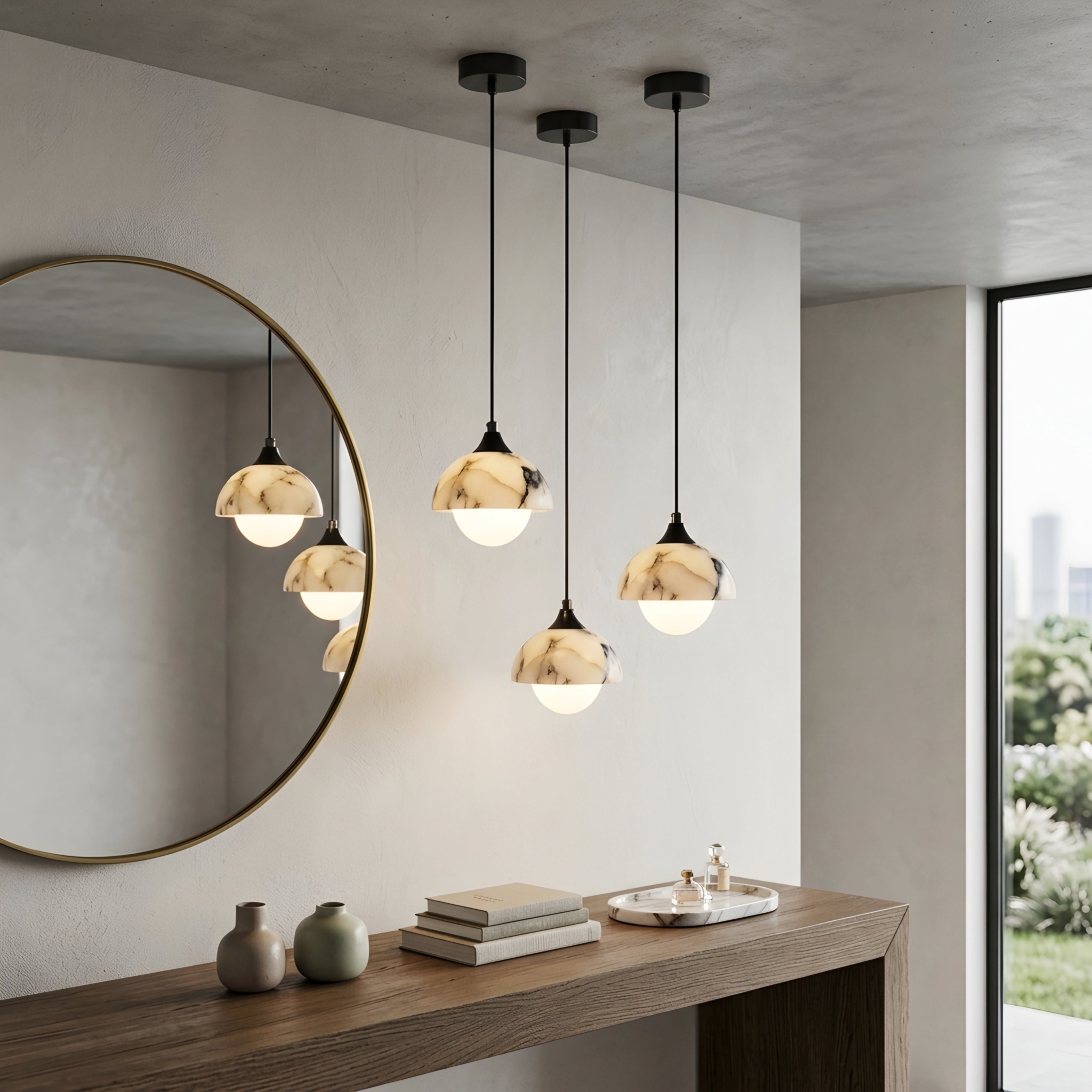 Vespara Dome Pendant Light – Marble Glass Globe Ceiling Kitchen Island Dining Room Decorative Lighting