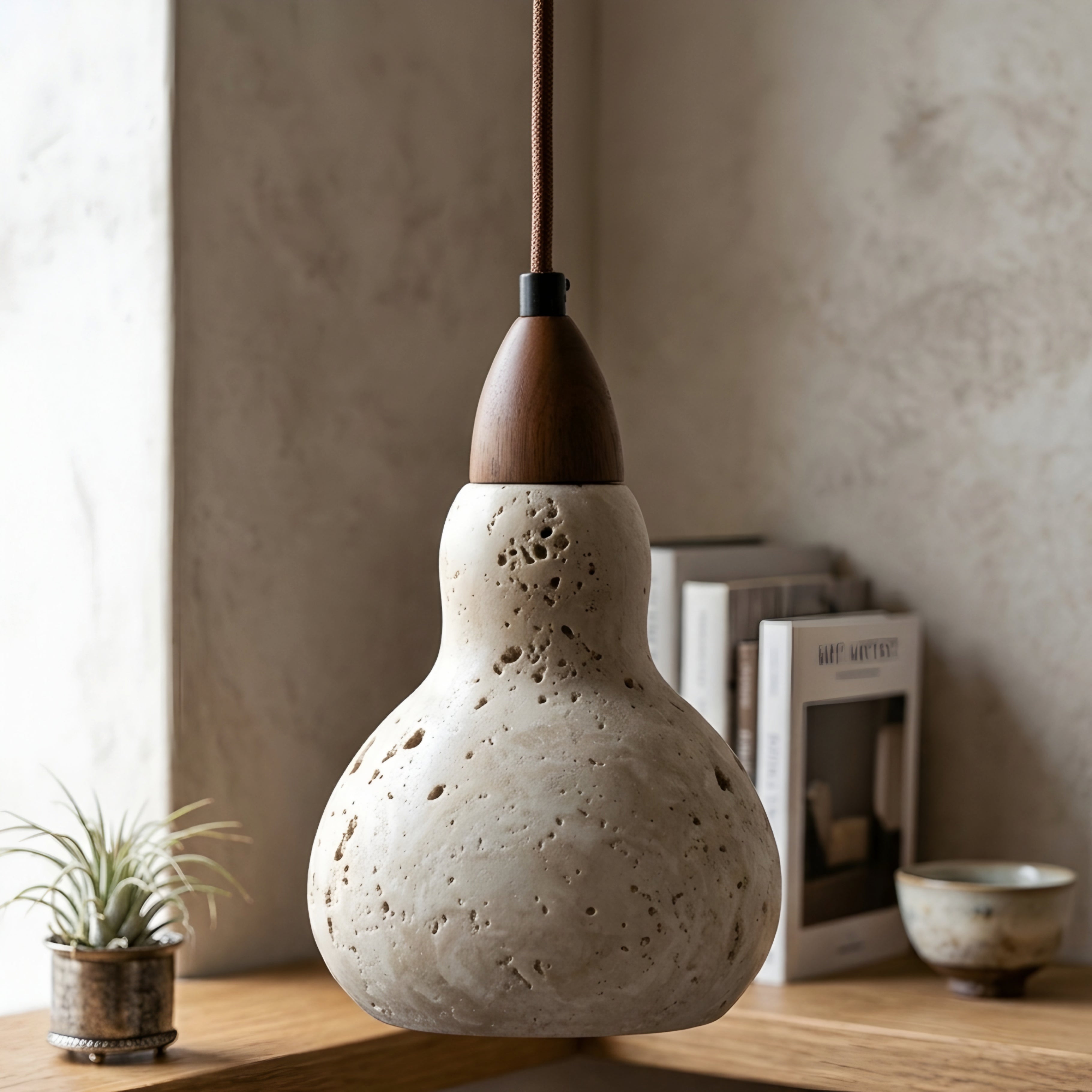 Caliro Gourd Pendant Light – Concrete Wood Hanging Kitchen Island Dining Room Ceiling Fixture Decorative Lighting