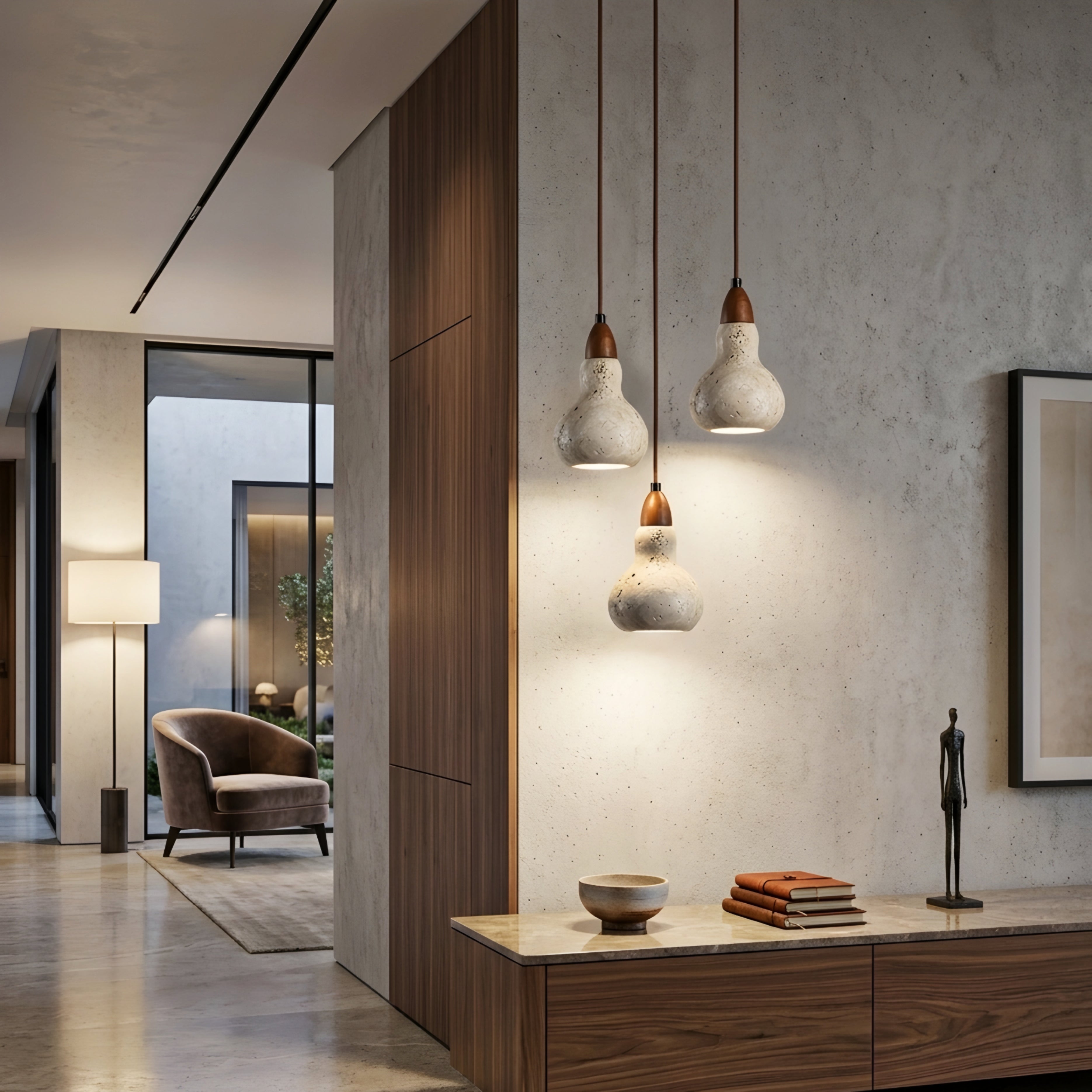 Caliro Gourd Pendant Light – Concrete Wood Hanging Kitchen Island Dining Room Ceiling Fixture Decorative Lighting