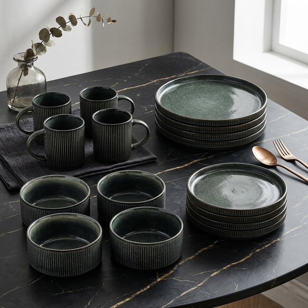 Verdant Ridge Dinnerware Set – Stoneware Dinner Plates Bowls Ceramic Tableware Kitchen Dining 16 Piece Set