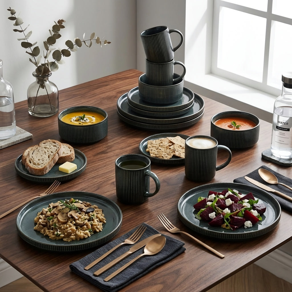 Verdant Ridge Dinnerware Set – Stoneware Dinner Plates Bowls Ceramic Tableware Kitchen Dining 16 Piece Set