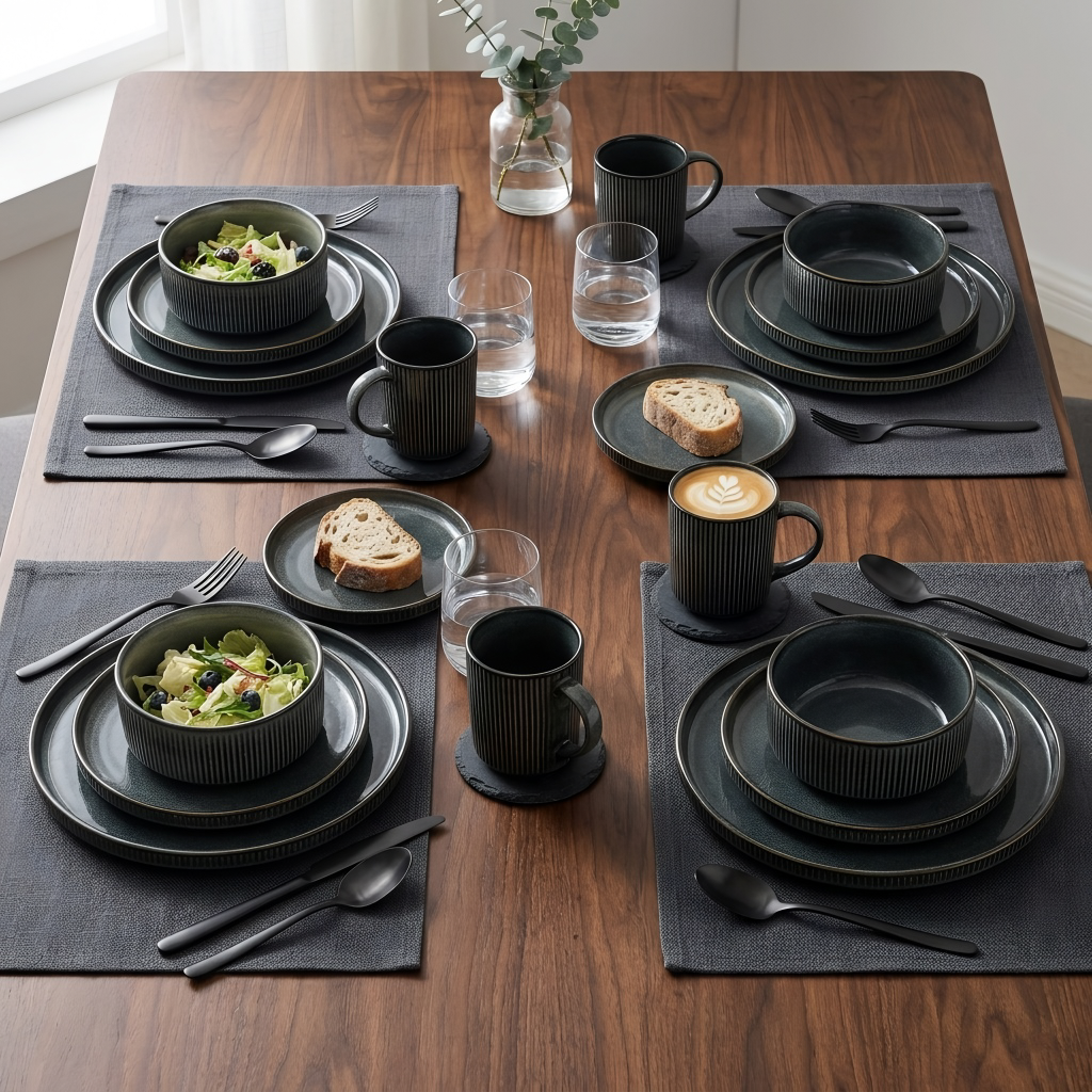 Verdant Ridge Dinnerware Set – Stoneware Dinner Plates Bowls Ceramic Tableware Kitchen Dining 16 Piece Set