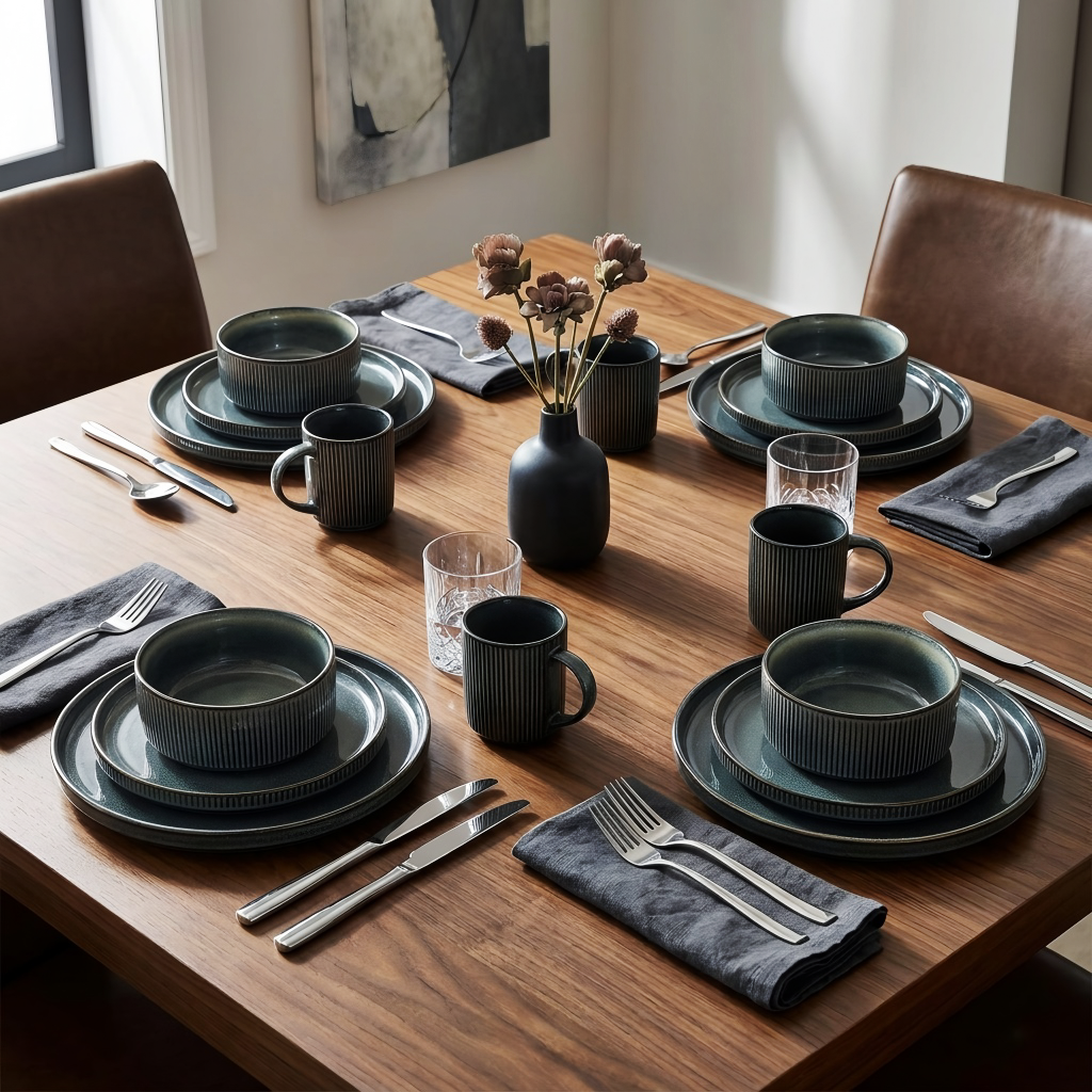 Verdant Ridge Dinnerware Set – Stoneware Dinner Plates Bowls Ceramic Tableware Kitchen Dining 16 Piece Set