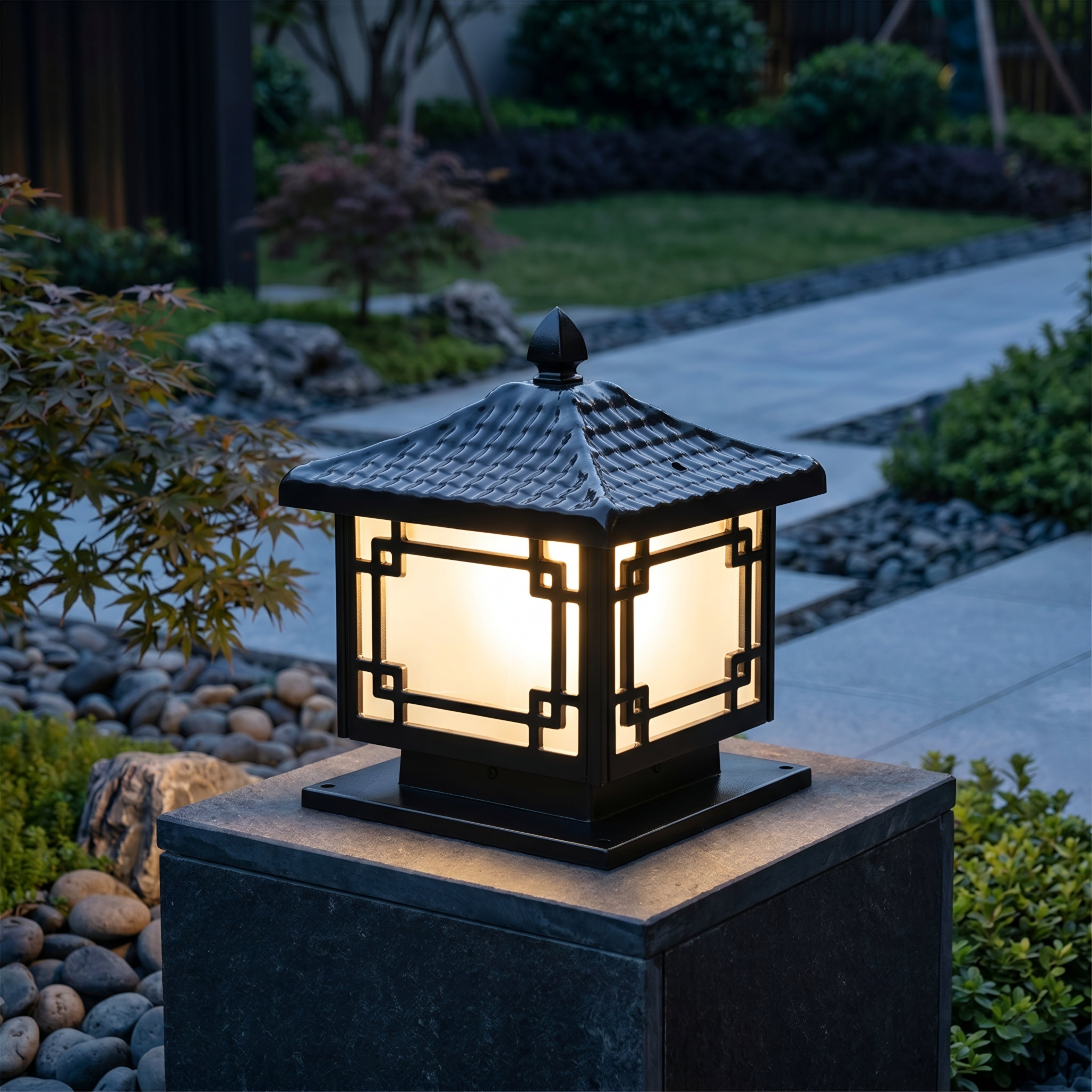 Kyoten Pagoda Pillar Light – Outdoor Post Cap Lantern Decorative Black Metal Asian Garden Gate Column