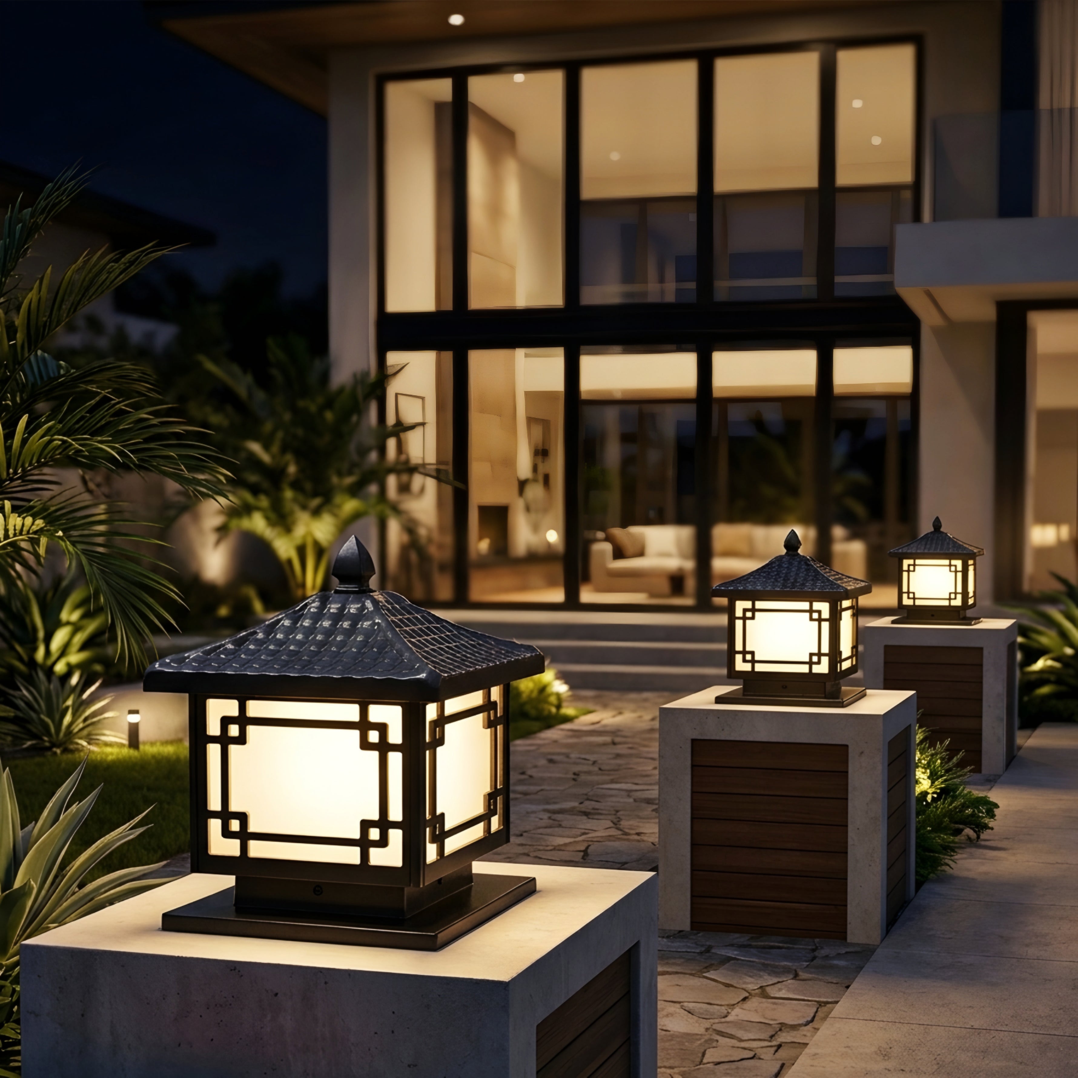 Kyoten Pagoda Pillar Light – Outdoor Post Cap Lantern Decorative Black Metal Asian Garden Gate Column