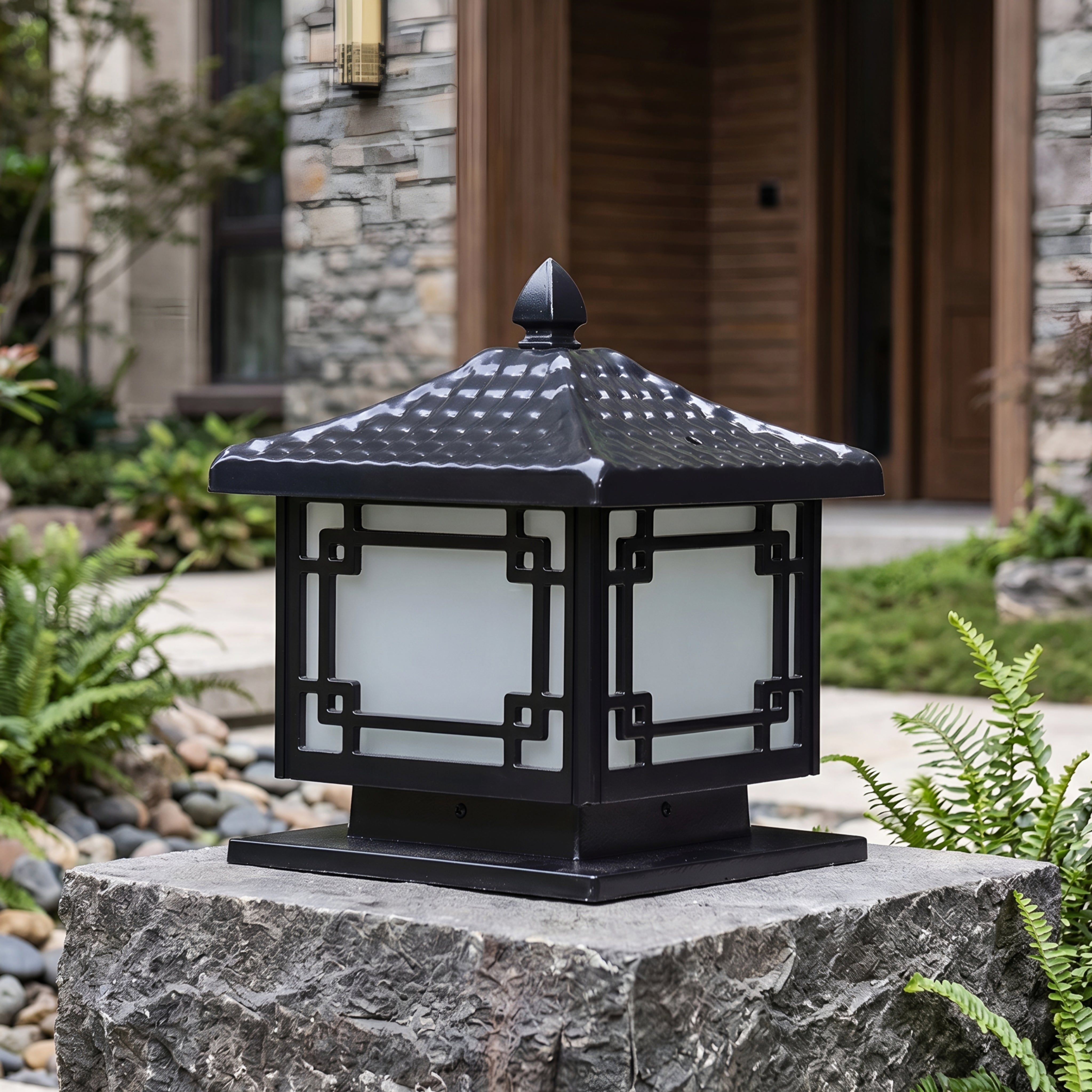 Kyoten Pagoda Pillar Light – Outdoor Post Cap Lantern Decorative Black Metal Asian Garden Gate Column