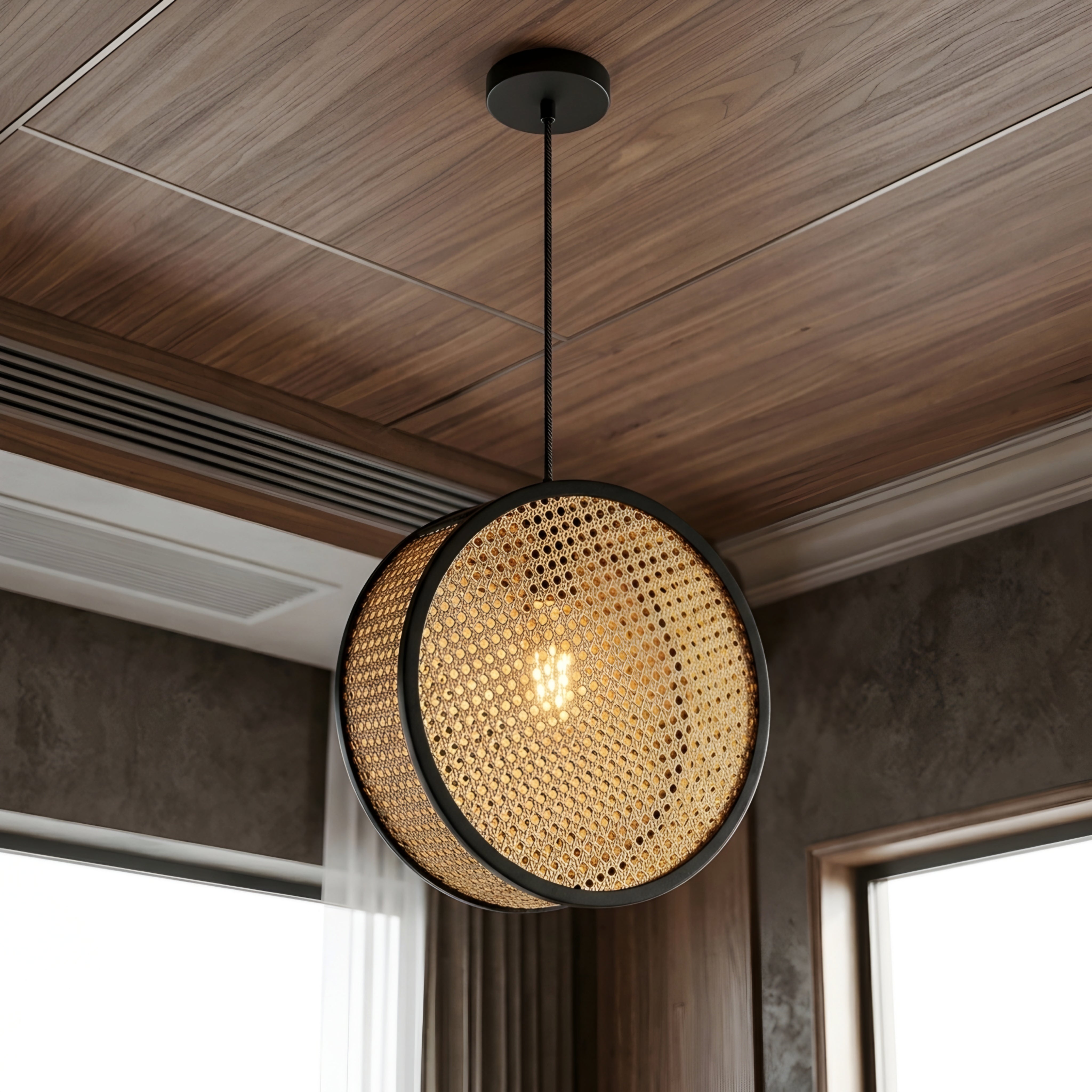 Bexi Woven Round Pendant Light – Rattan Ceiling Lamp Dining Room Kitchen Island Decorative Lighting