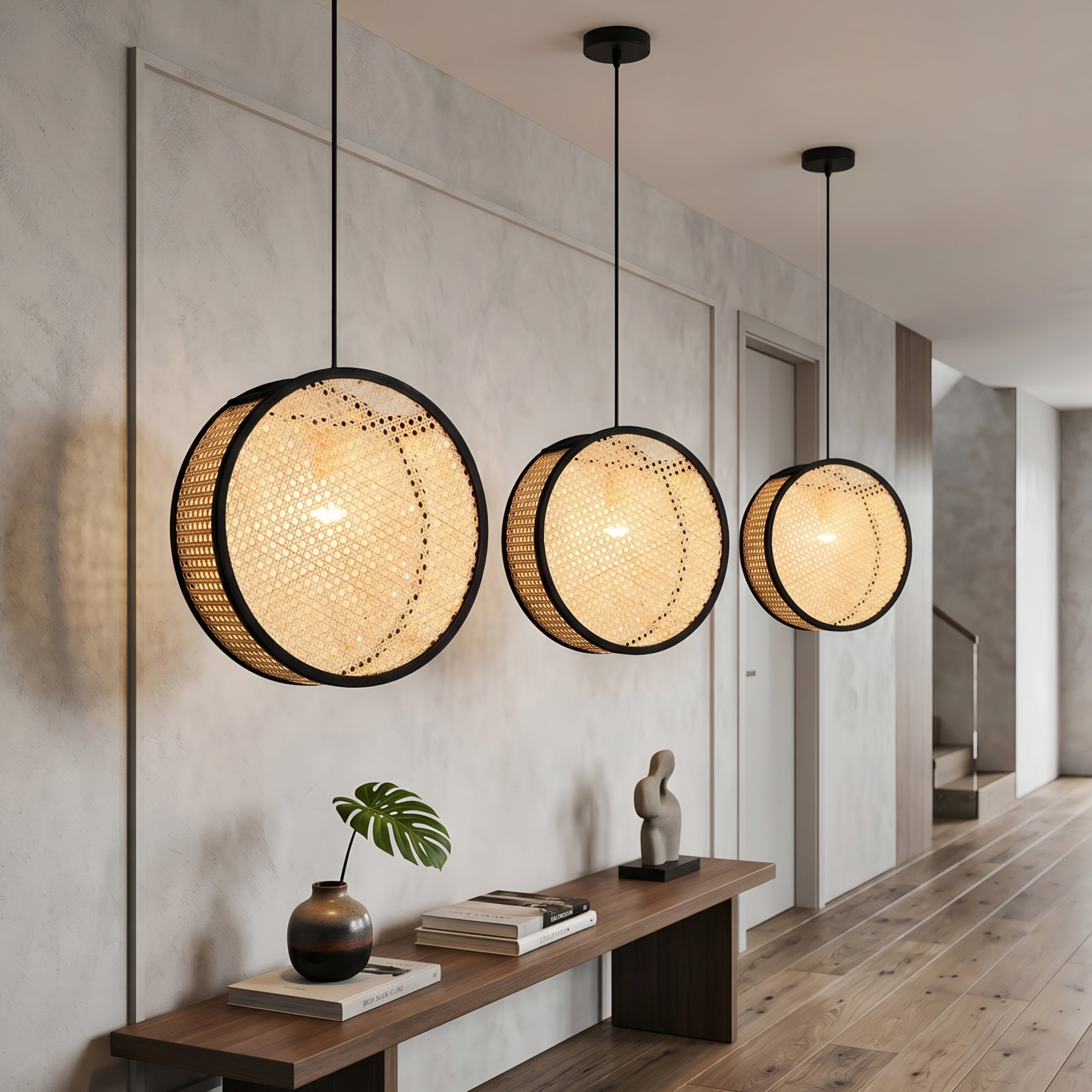 Bexi Woven Round Pendant Light – Rattan Ceiling Lamp Dining Room Kitchen Island Decorative Lighting