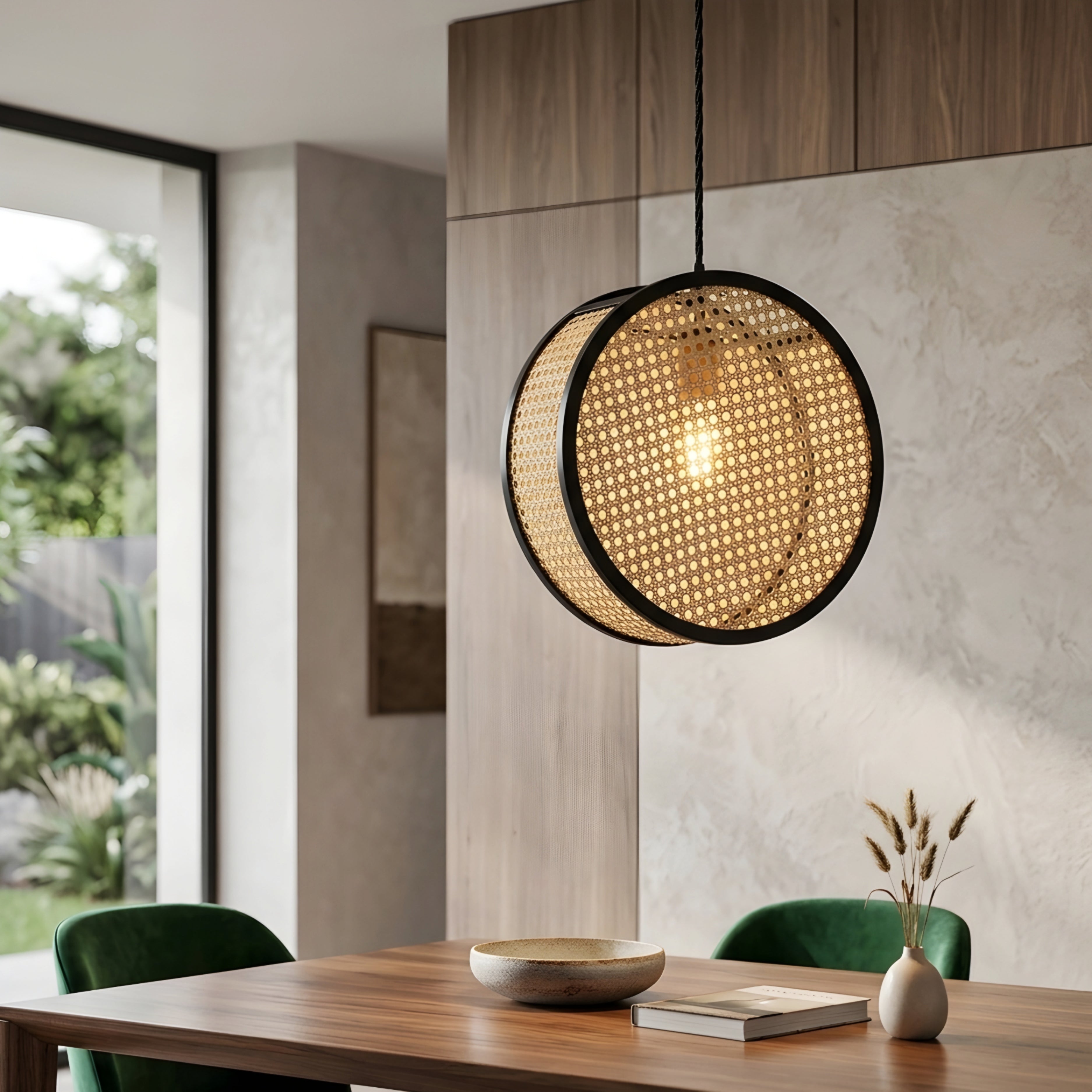 Bexi Woven Round Pendant Light – Rattan Ceiling Lamp Dining Room Kitchen Island Decorative Lighting