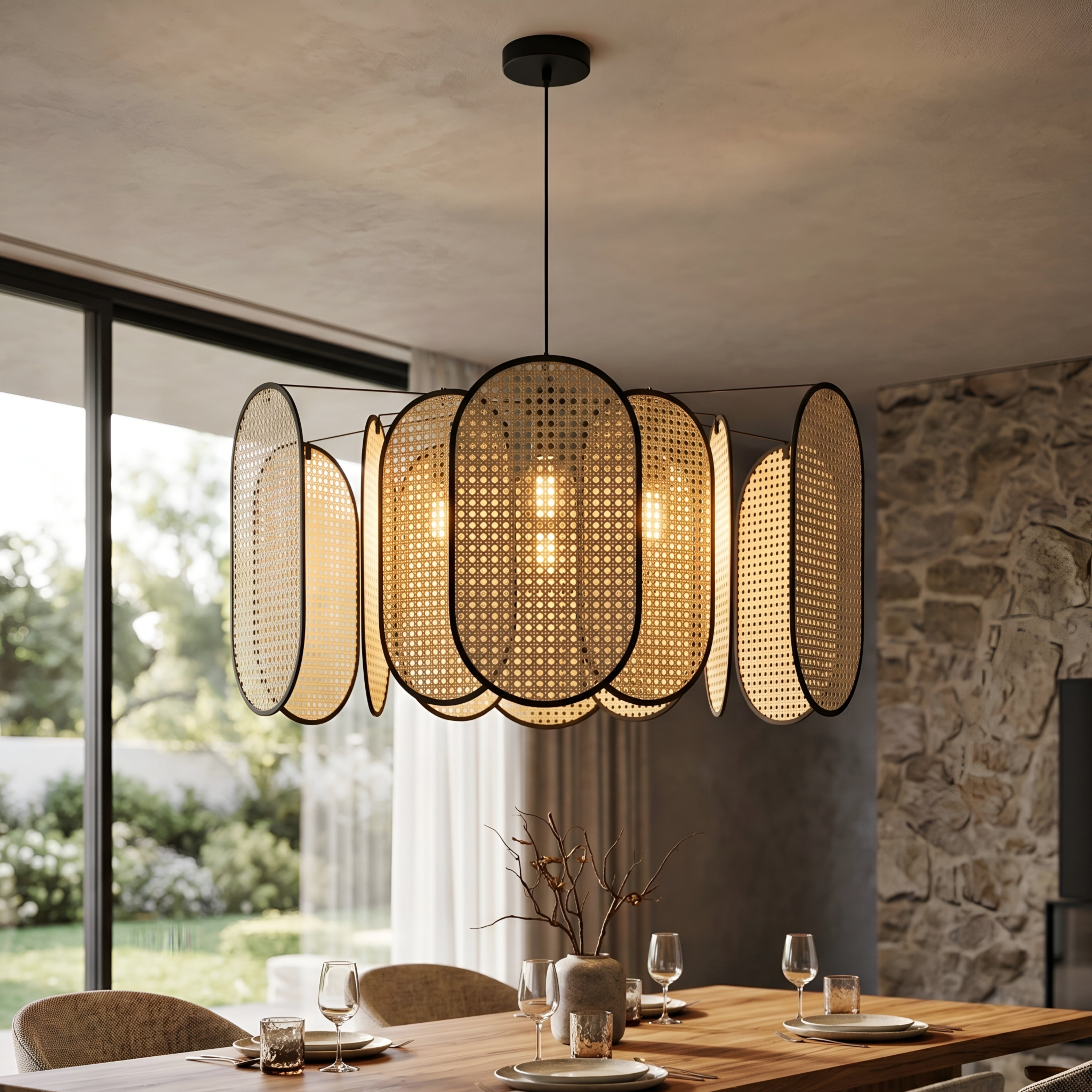 Ravello Pendant Light – Rattan Woven Black Metal Frame Dining Room Ceiling Decorative Lighting