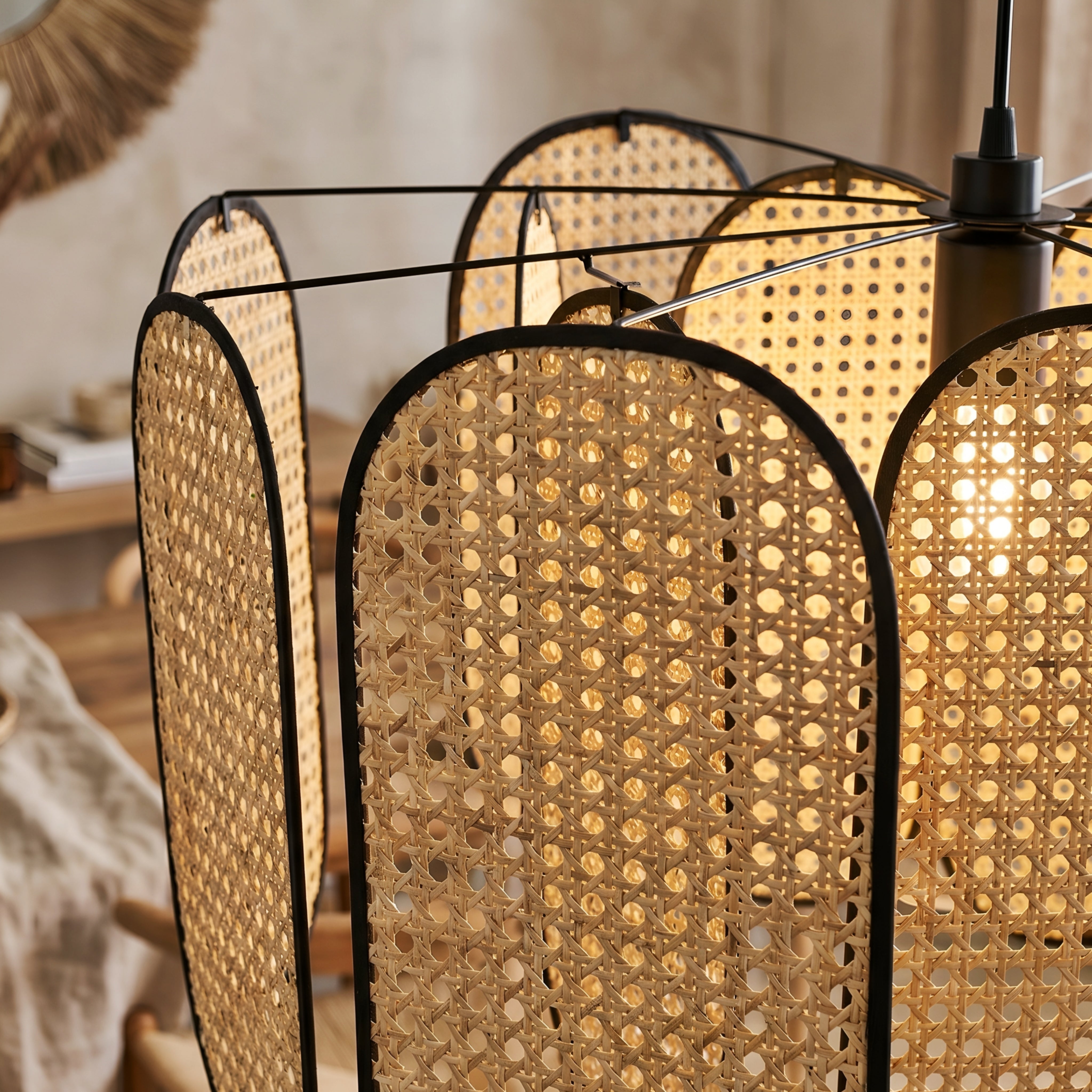 Ravello Pendant Light – Rattan Woven Black Metal Frame Dining Room Ceiling Decorative Lighting