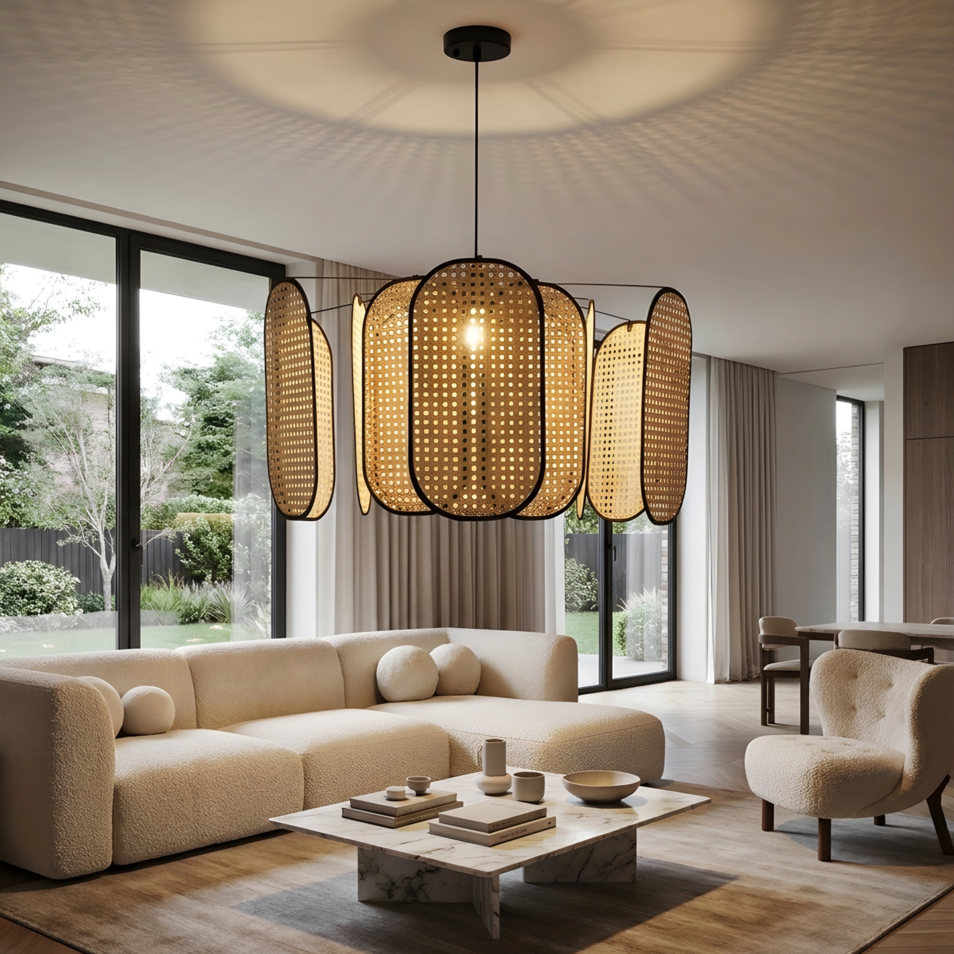 Ravello Pendant Light – Rattan Woven Black Metal Frame Dining Room Ceiling Decorative Lighting