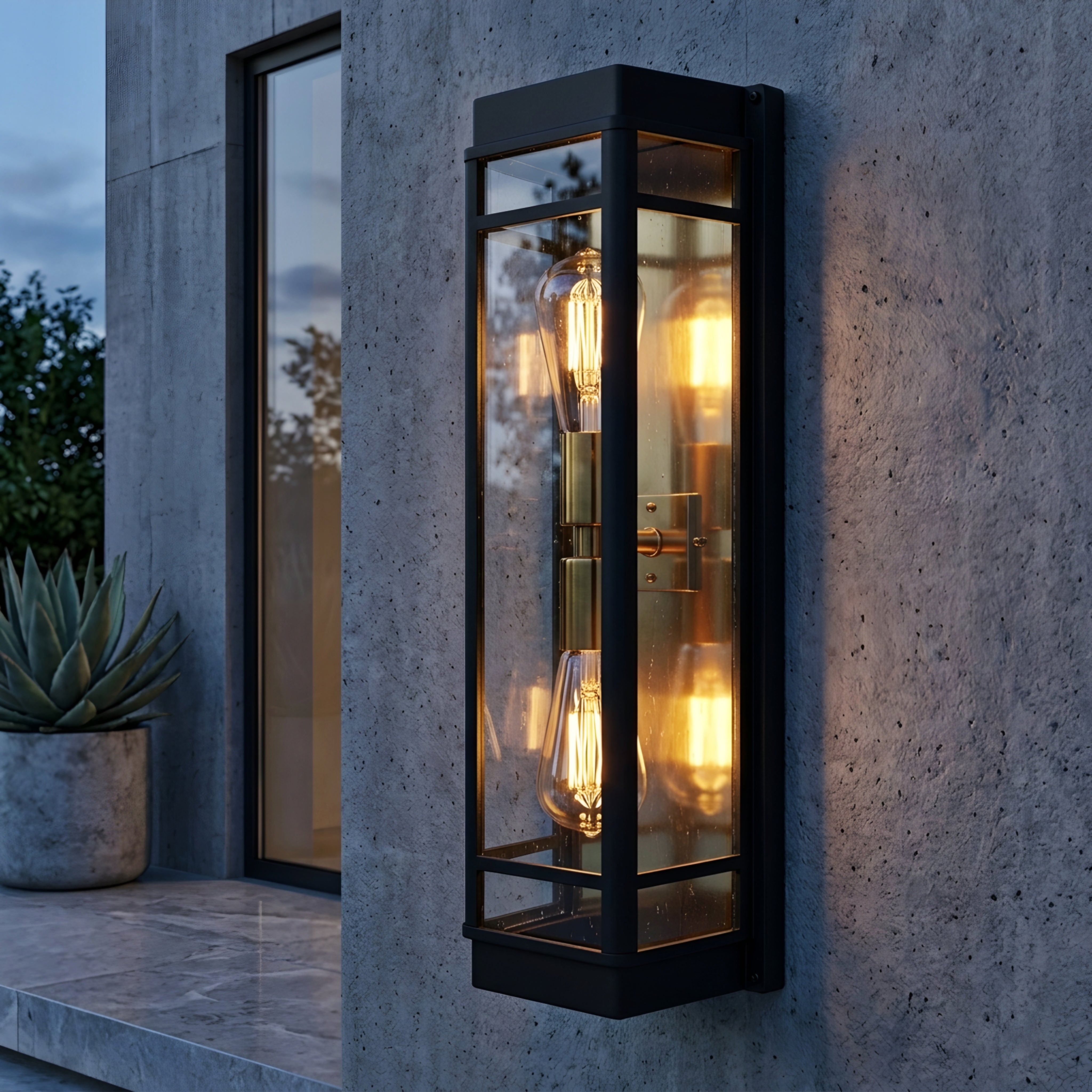 Cagaris Frame Wall Sconce – Outdoor Black Metal Glass Cage Decorative Lighting Patio Entryway