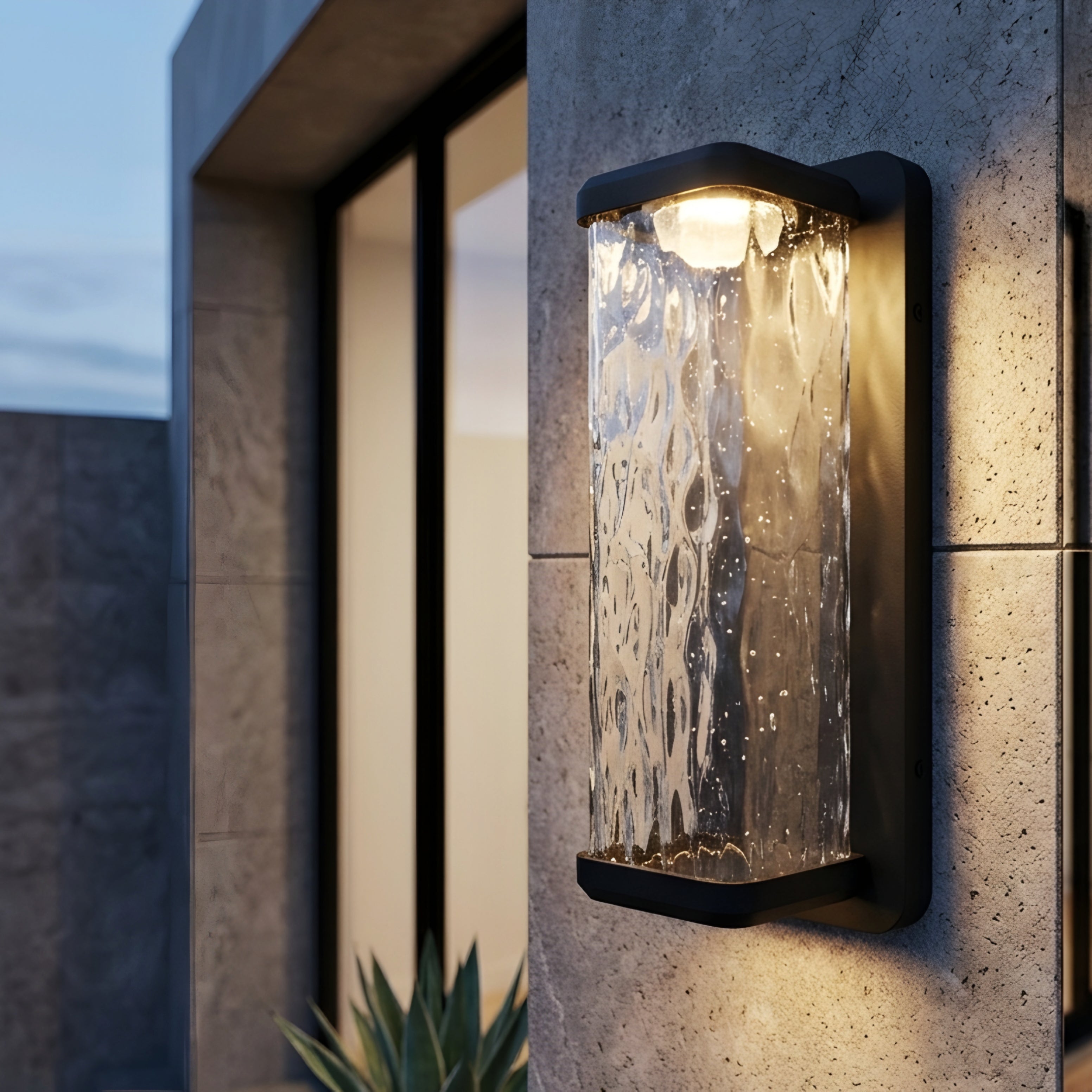 Cascada Cylinder Wall Sconce – Outdoor Modern Black Metal Waterproof Textured Glass Light Fixture