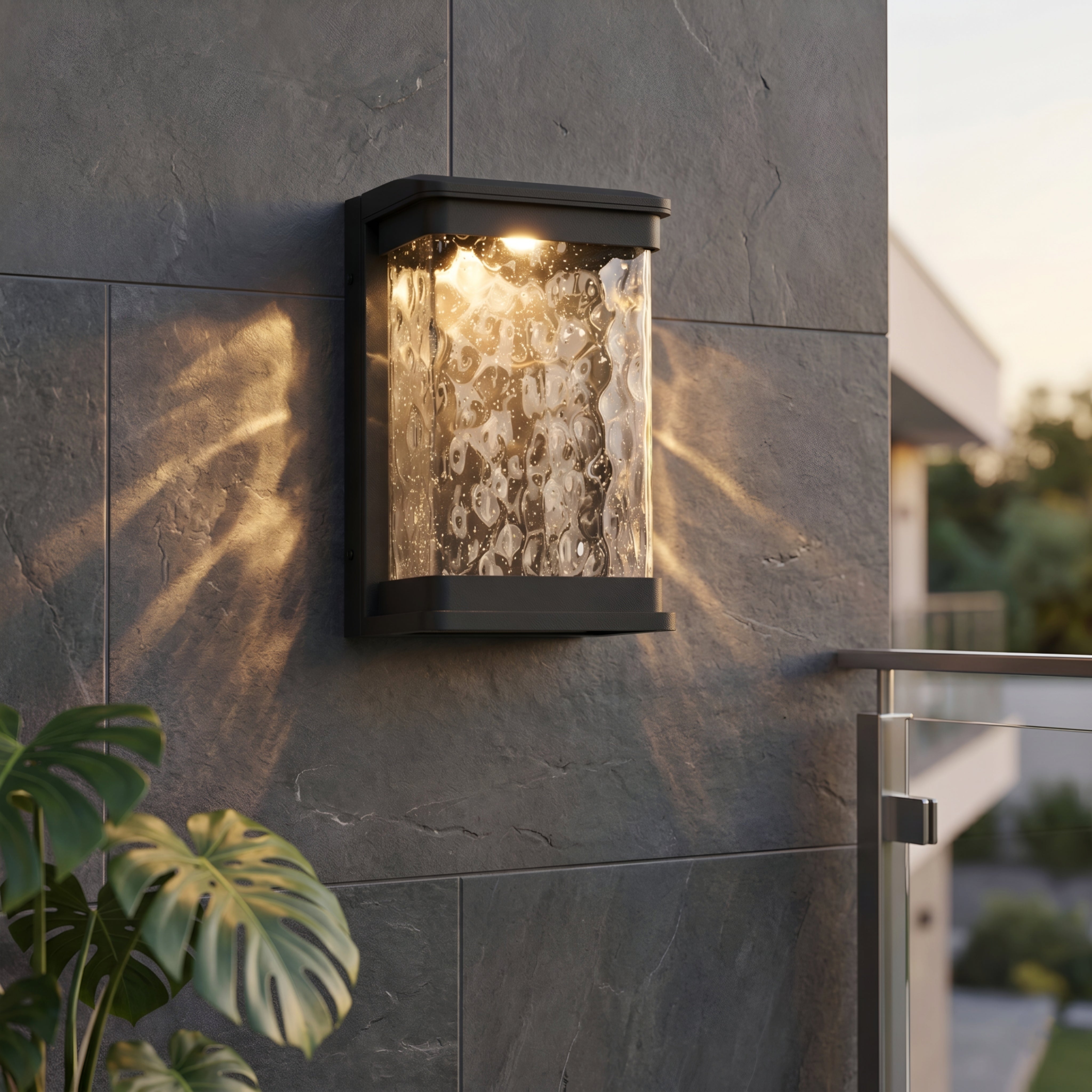 Cascada Cylinder Wall Sconce – Outdoor Modern Black Metal Waterproof Textured Glass Light Fixture