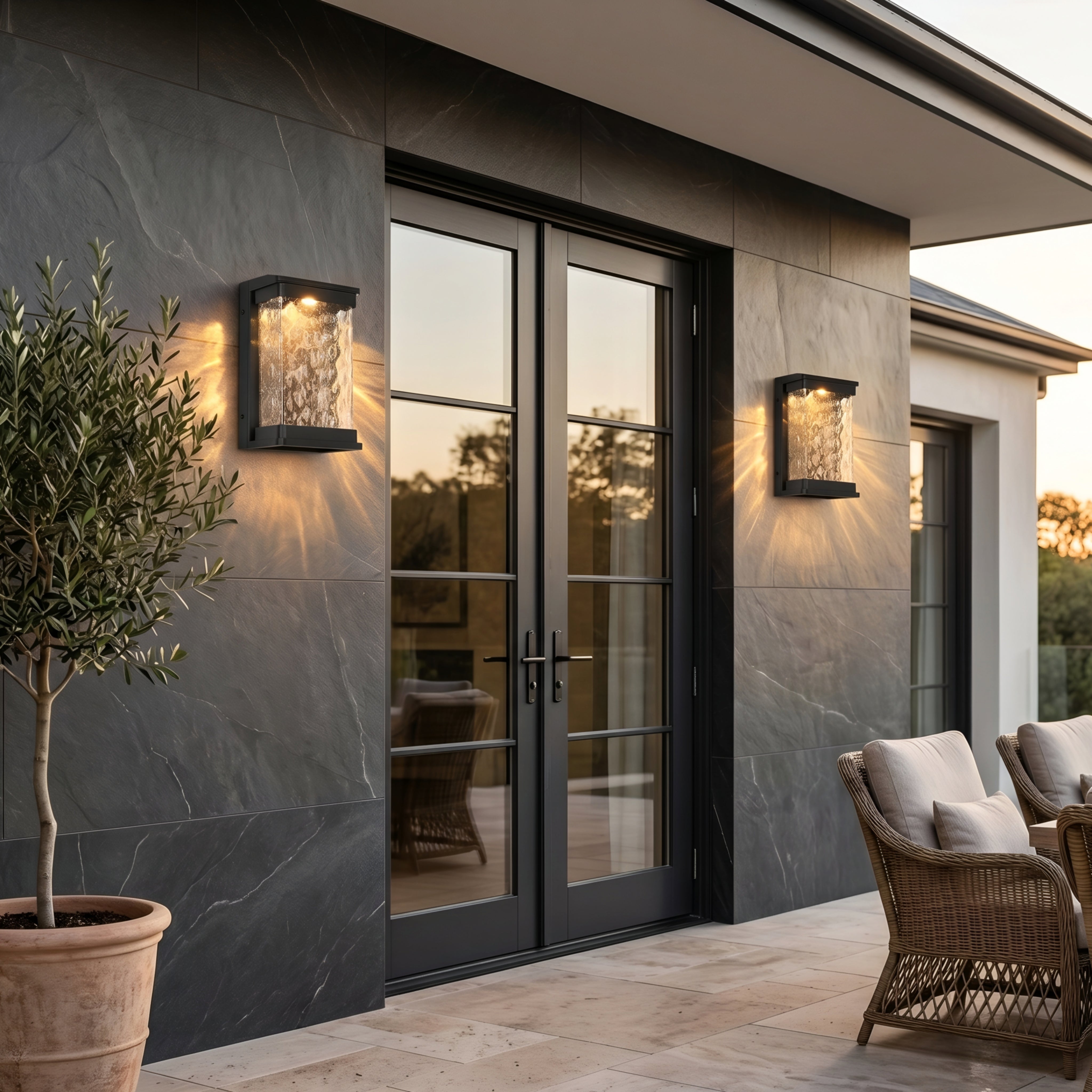 Cascada Cylinder Wall Sconce – Outdoor Modern Black Metal Waterproof Textured Glass Light Fixture