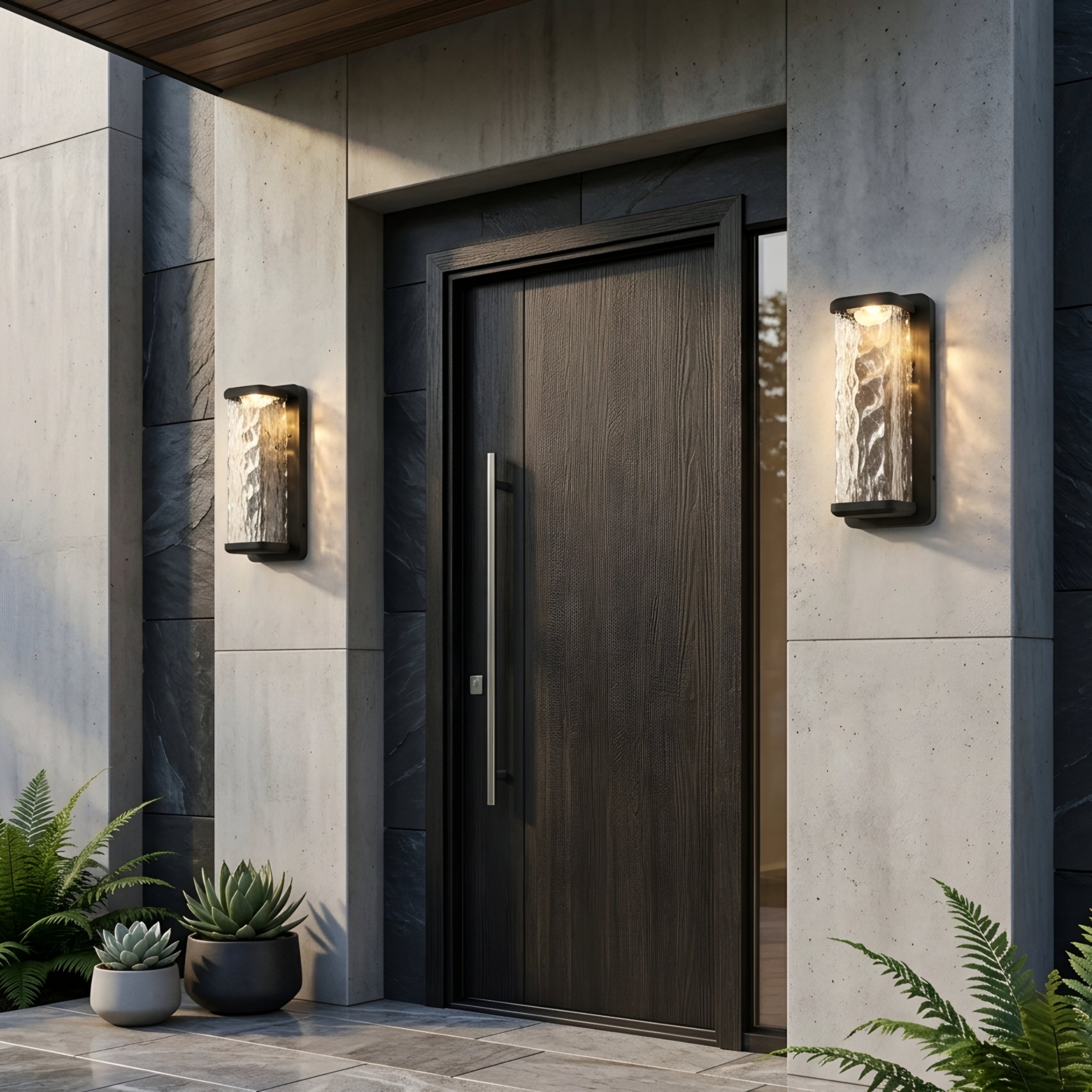 Cascada Cylinder Wall Sconce – Outdoor Modern Black Metal Waterproof Textured Glass Light Fixture