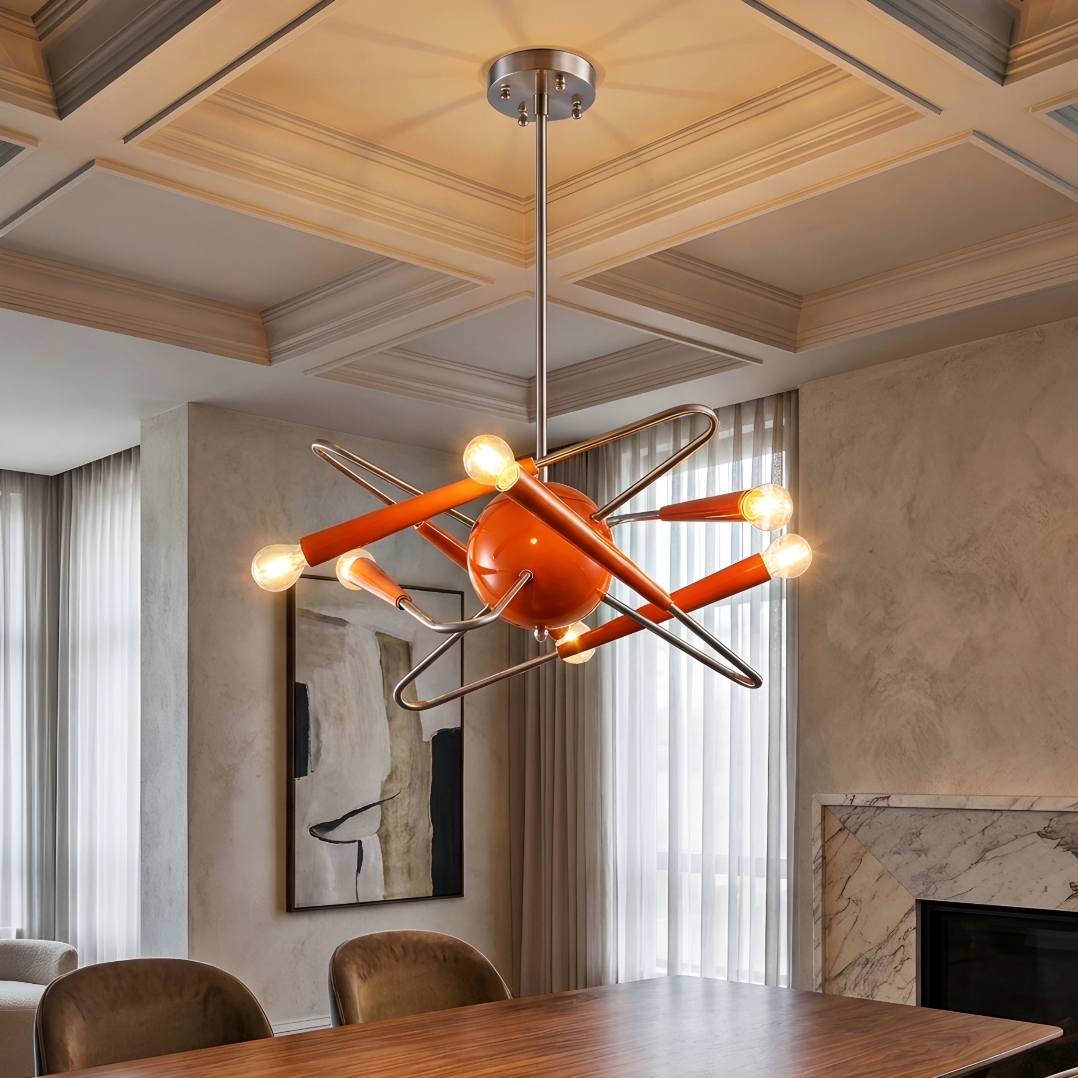 Vexaro Sputnik Pendant Light – Mid Century Modern Chandelier Orange Dining Room Living Room Ceiling Lighting