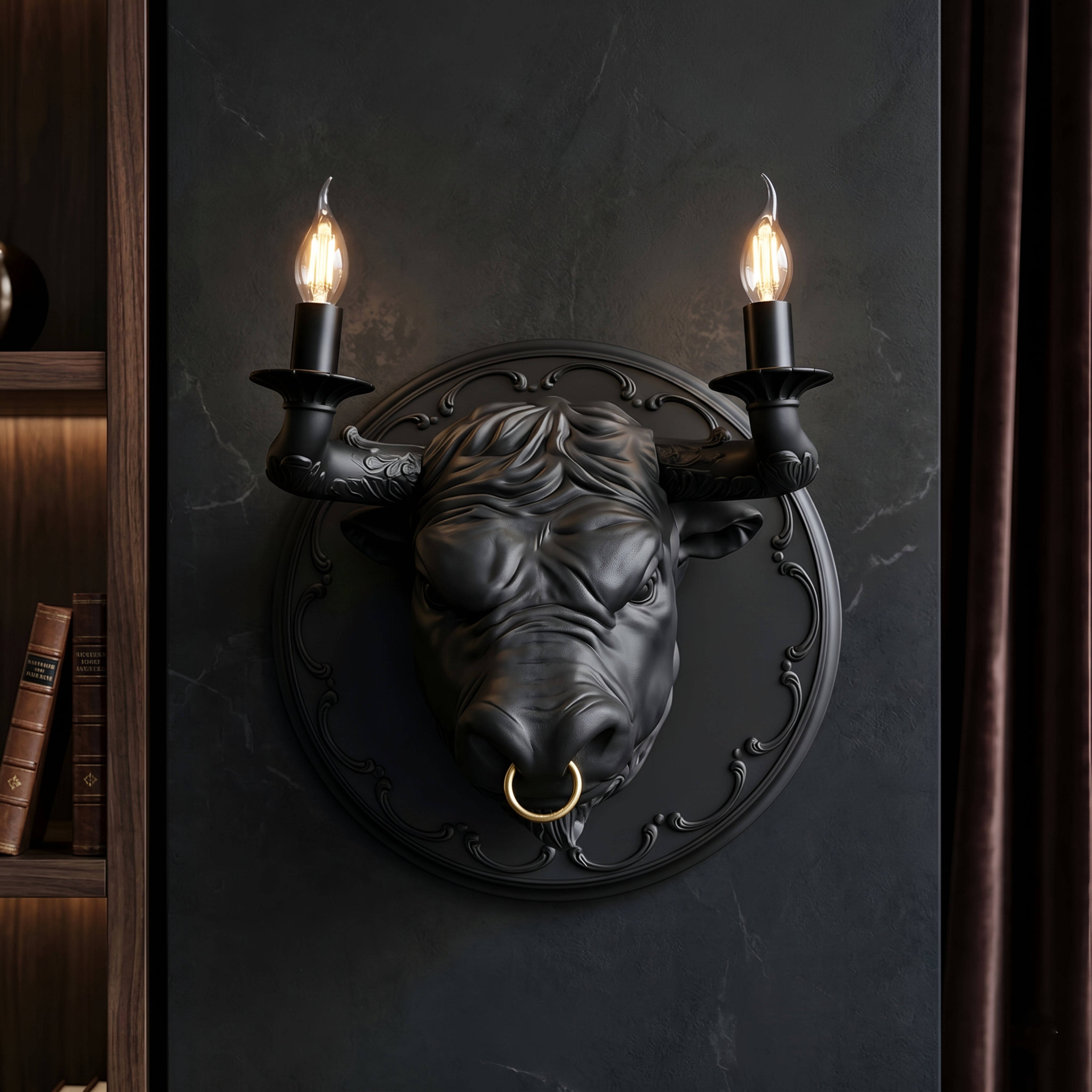Torvion Bull Wall Sconce – Decorative Candle Holder Lighting Fixture Living Room Bedroom Black Resin