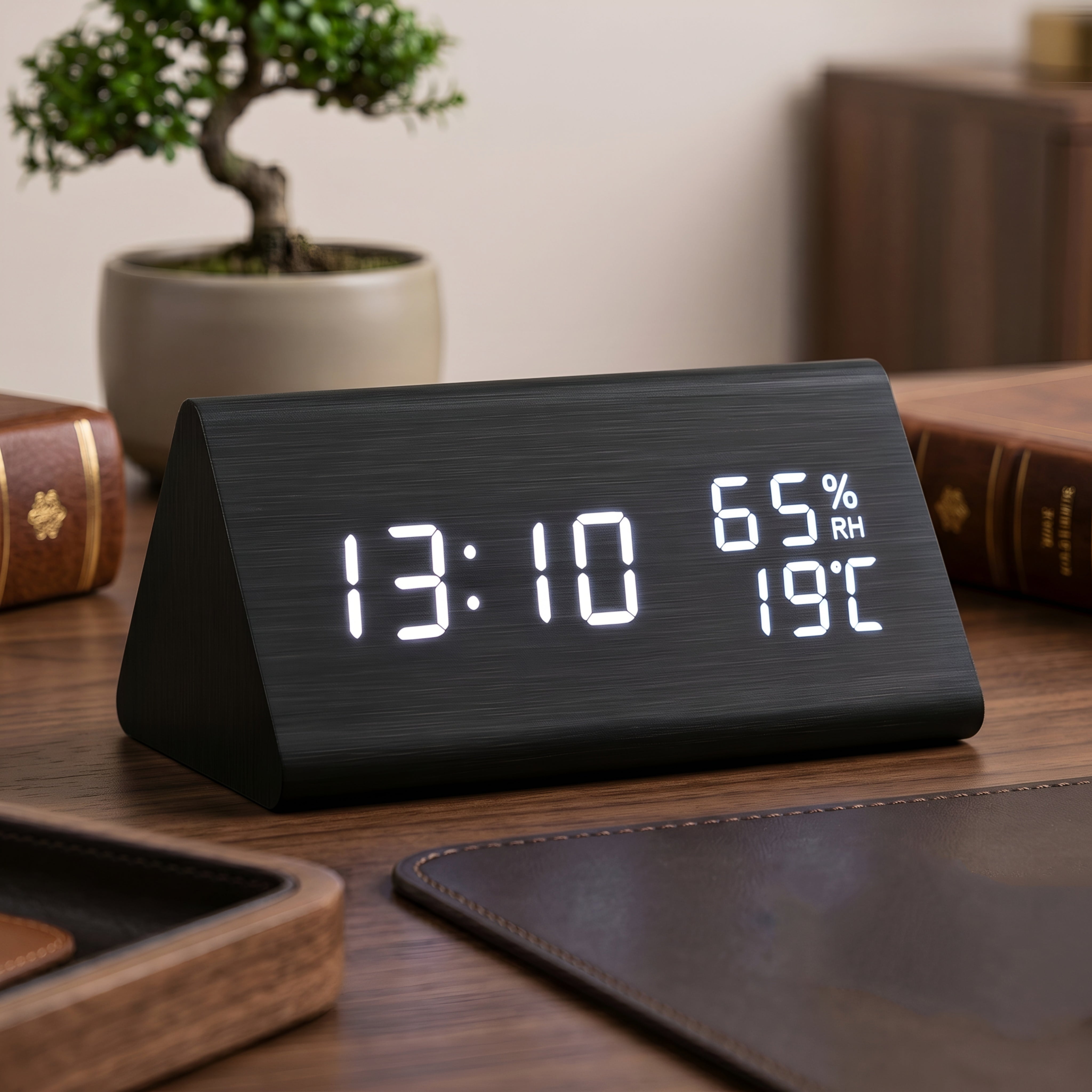 Creston Digital Alarm Clock – LED Wood Grain Temperature Display Bedroom Nightstand Modern Desk Clock